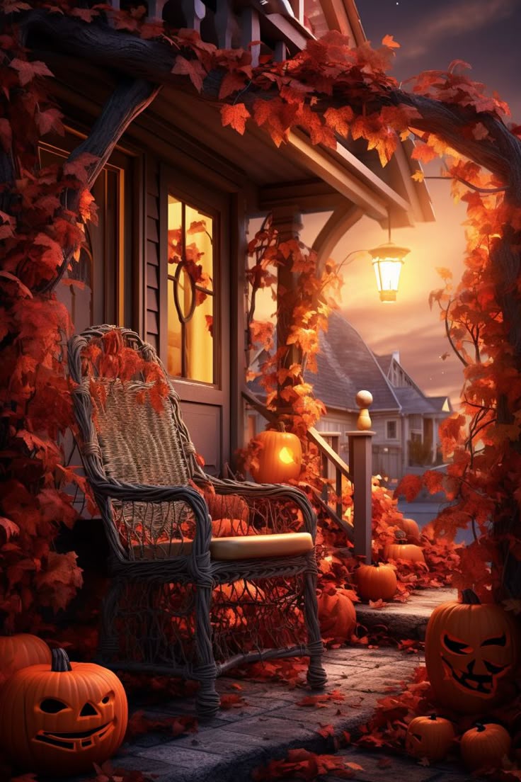 Mysterious Porch Elegance: Light Up Pumpkins Amid Lush Crimson Hues