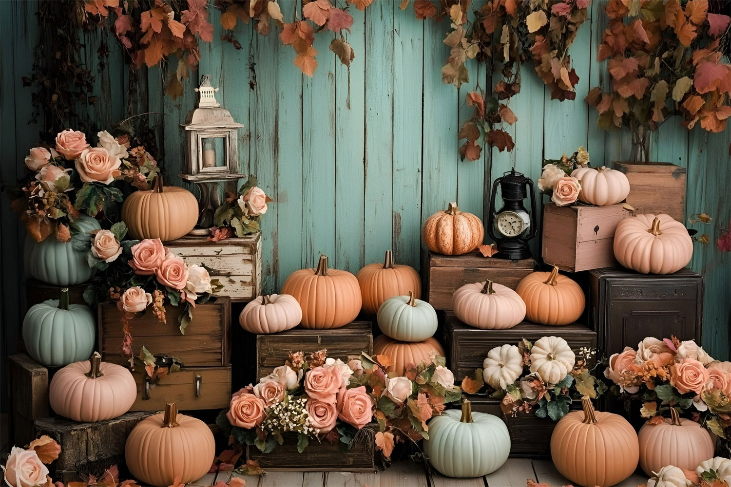 Autumn Photo Backdrop Mint Wood Wall Pumpkins Backdrop GQ5 89