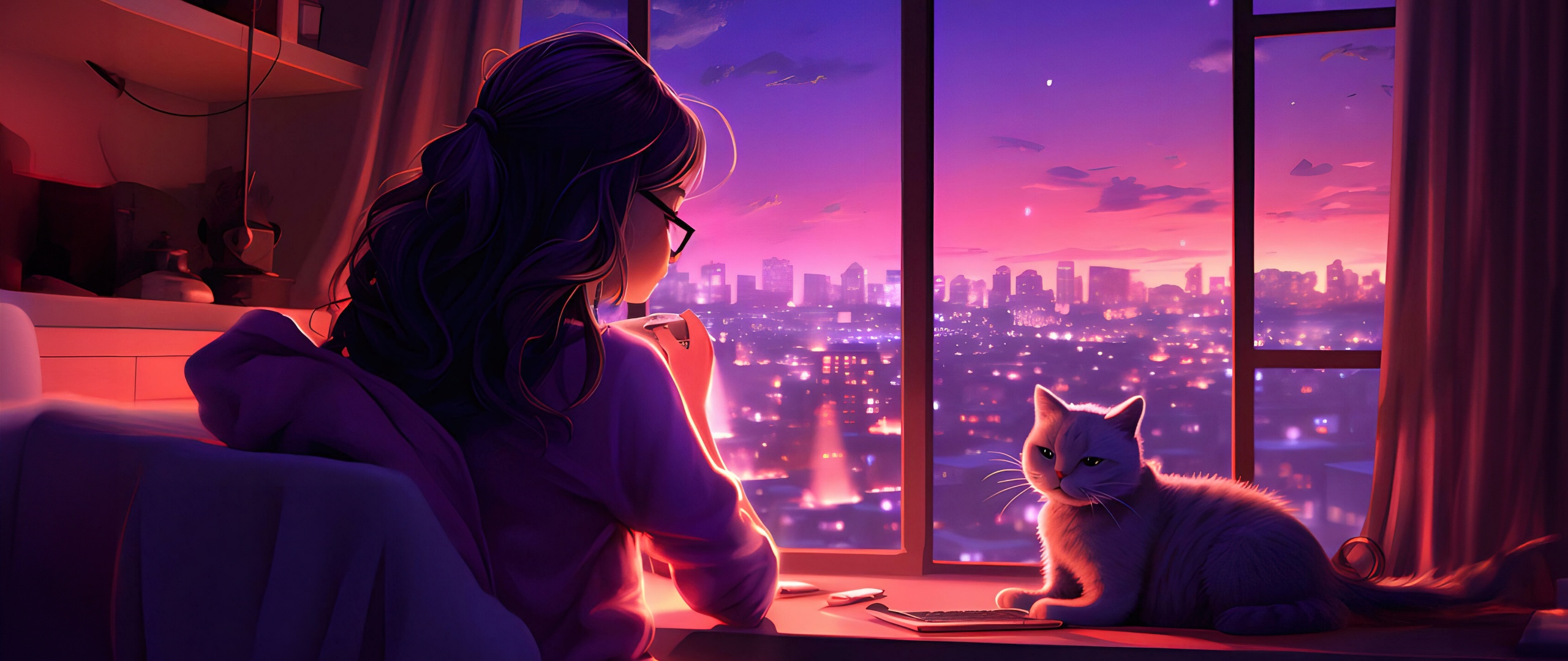 Lofi girl Wallpaper 4K, Cozy, Cat, Window, Alone