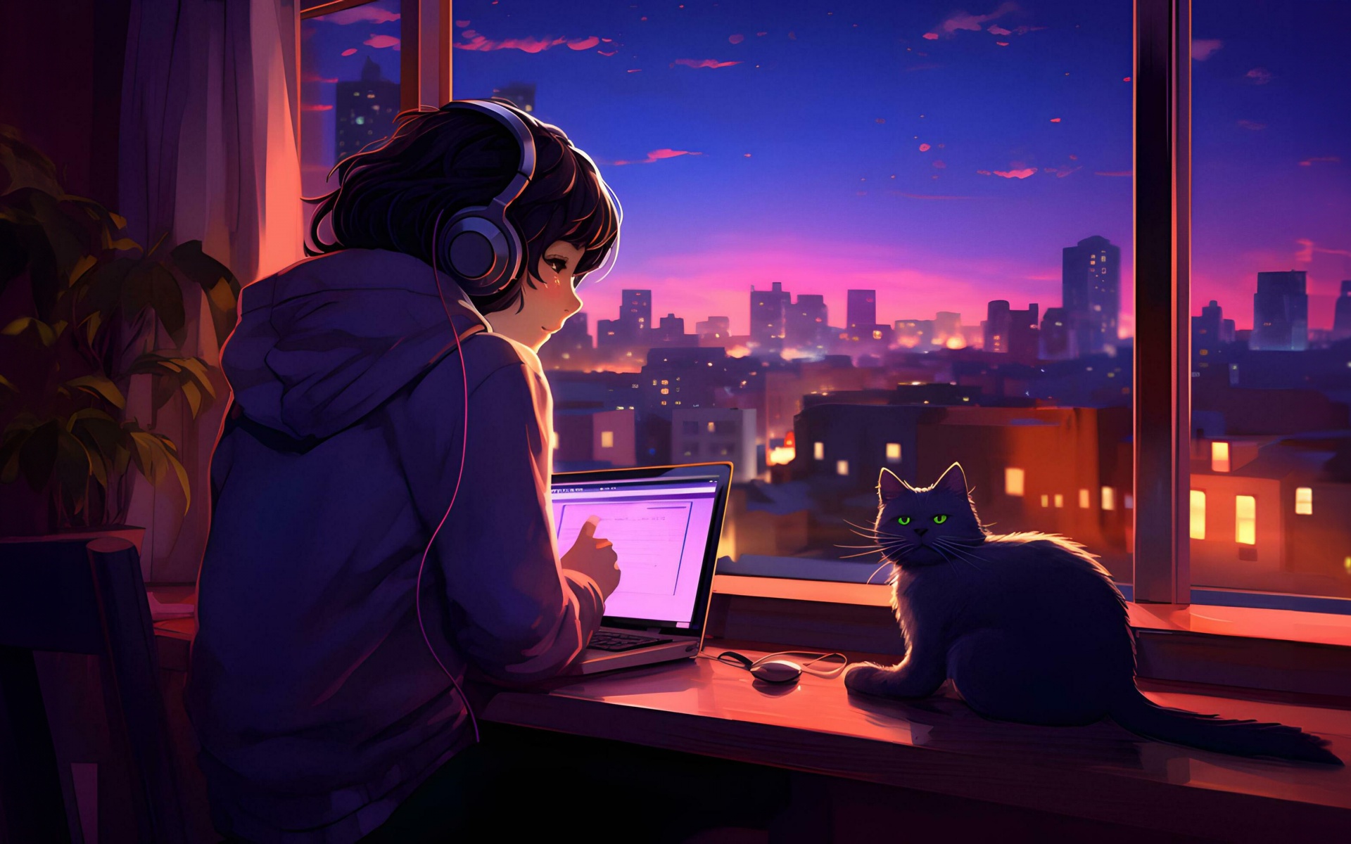 Lofi girl Wallpaper 4K, Night, Cat, Window, City lights