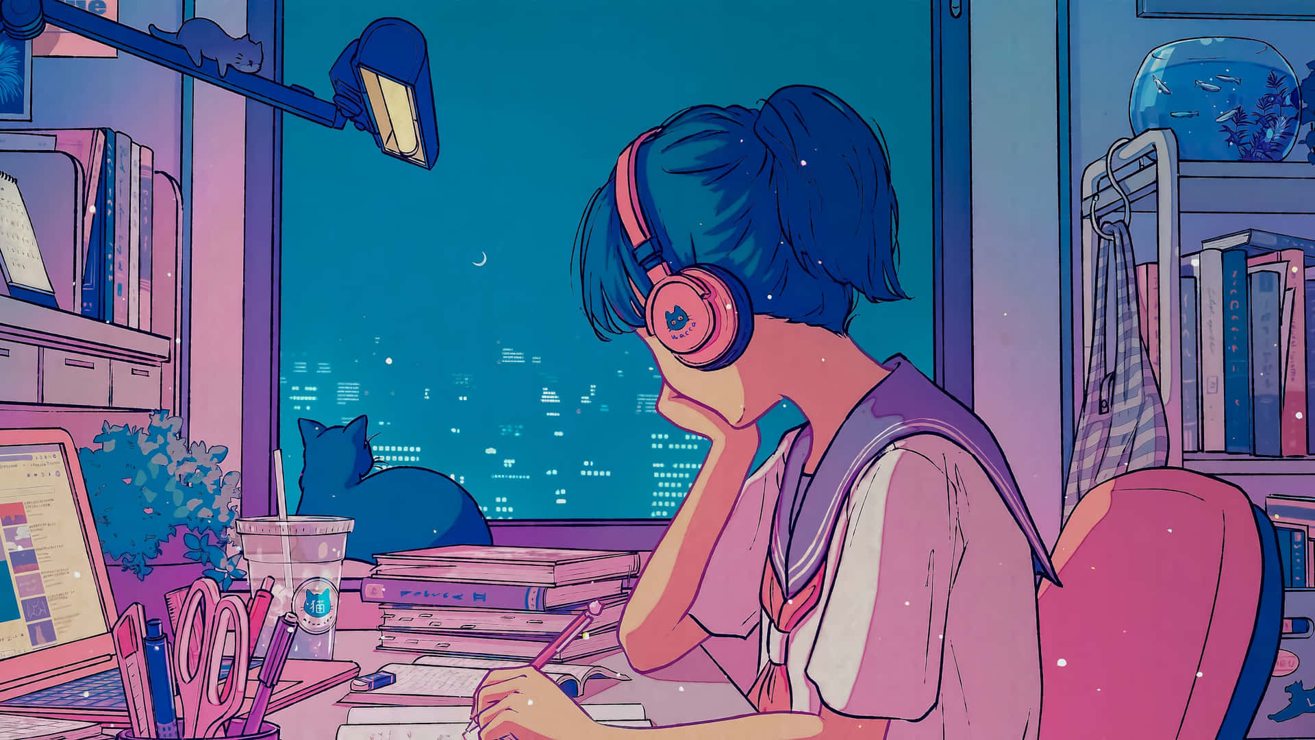 Download Lofi Girl Studyingwith Cat Wallpaper