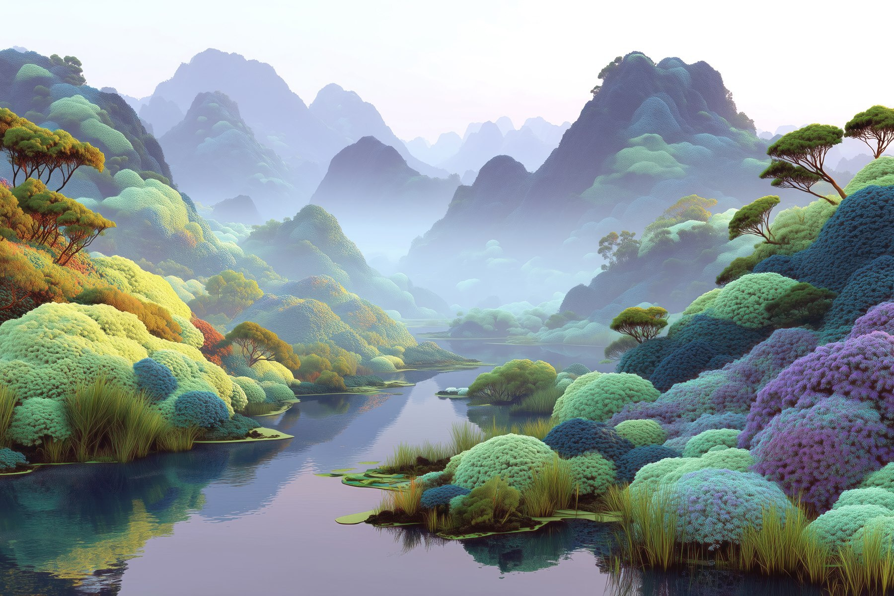 Wall Mural Photo Wallpaper Mountain landscape with a river in blue tones with trees and bushes w09088