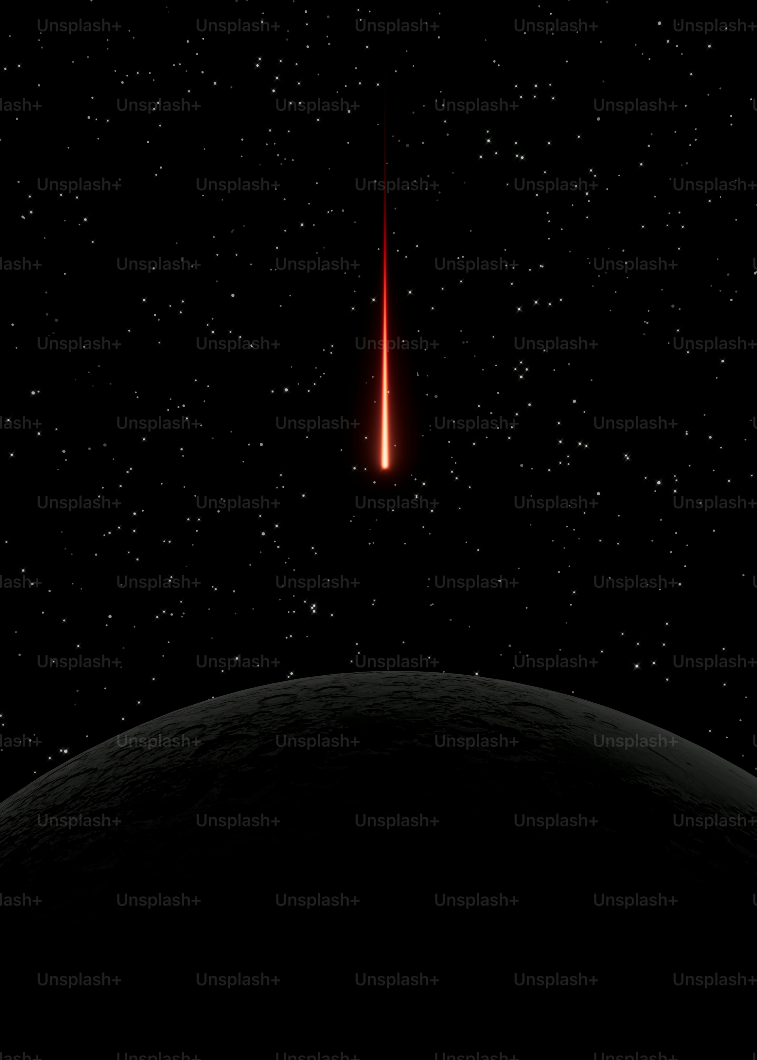 A red light shines in the sky above a black planet photo