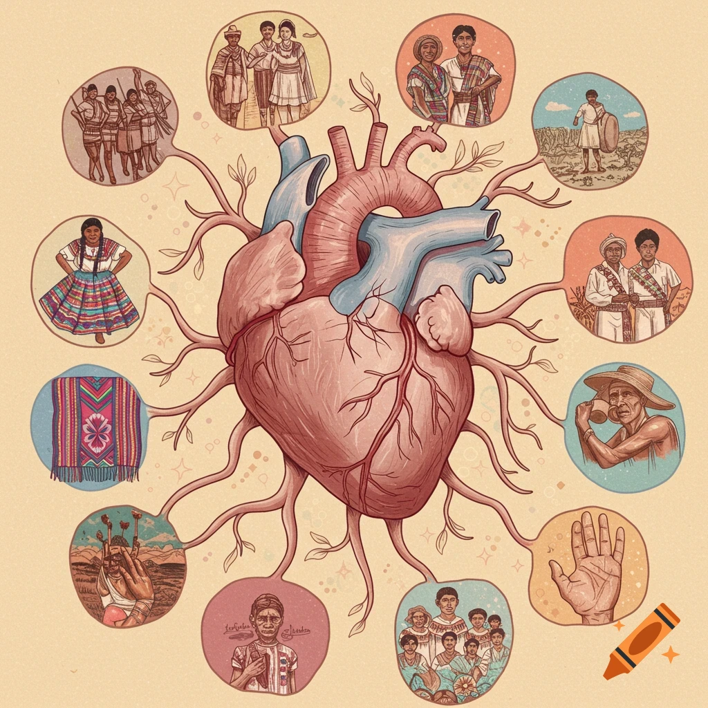 A stylized human heart with branching veins connecting to circular illustrations of people in traditional attire and cultural symbols, in soft pastel colors. on Craiyon