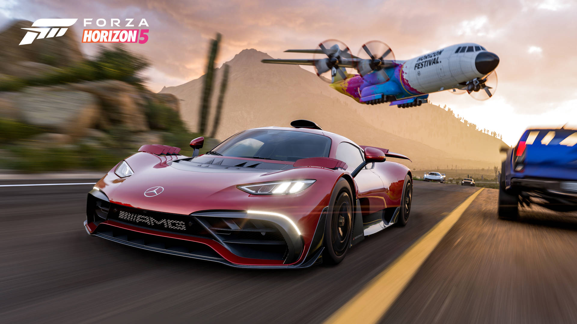 Download A Car Driving Down The Road With A Plane In The Background Wallpaper