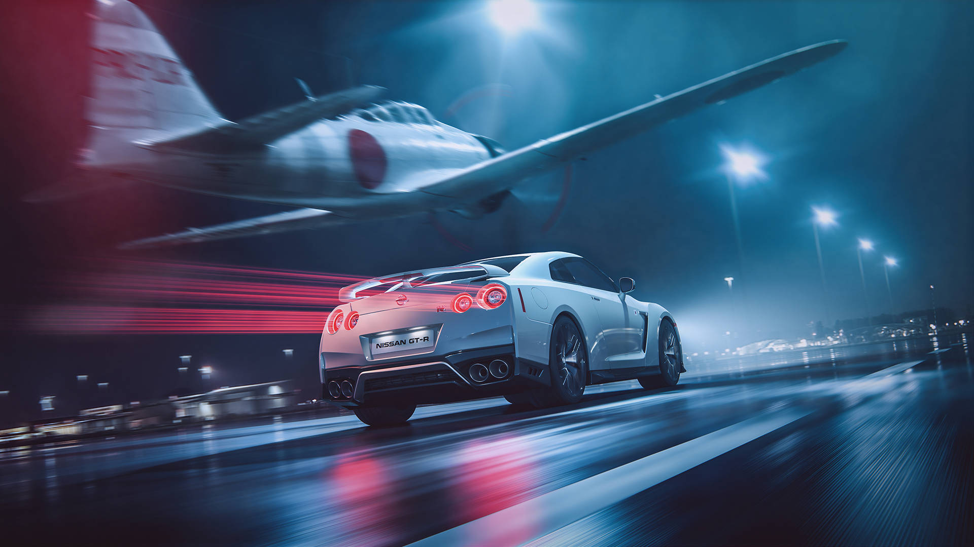 Download Airplane And White Nissan GT R 4K Wallpaper