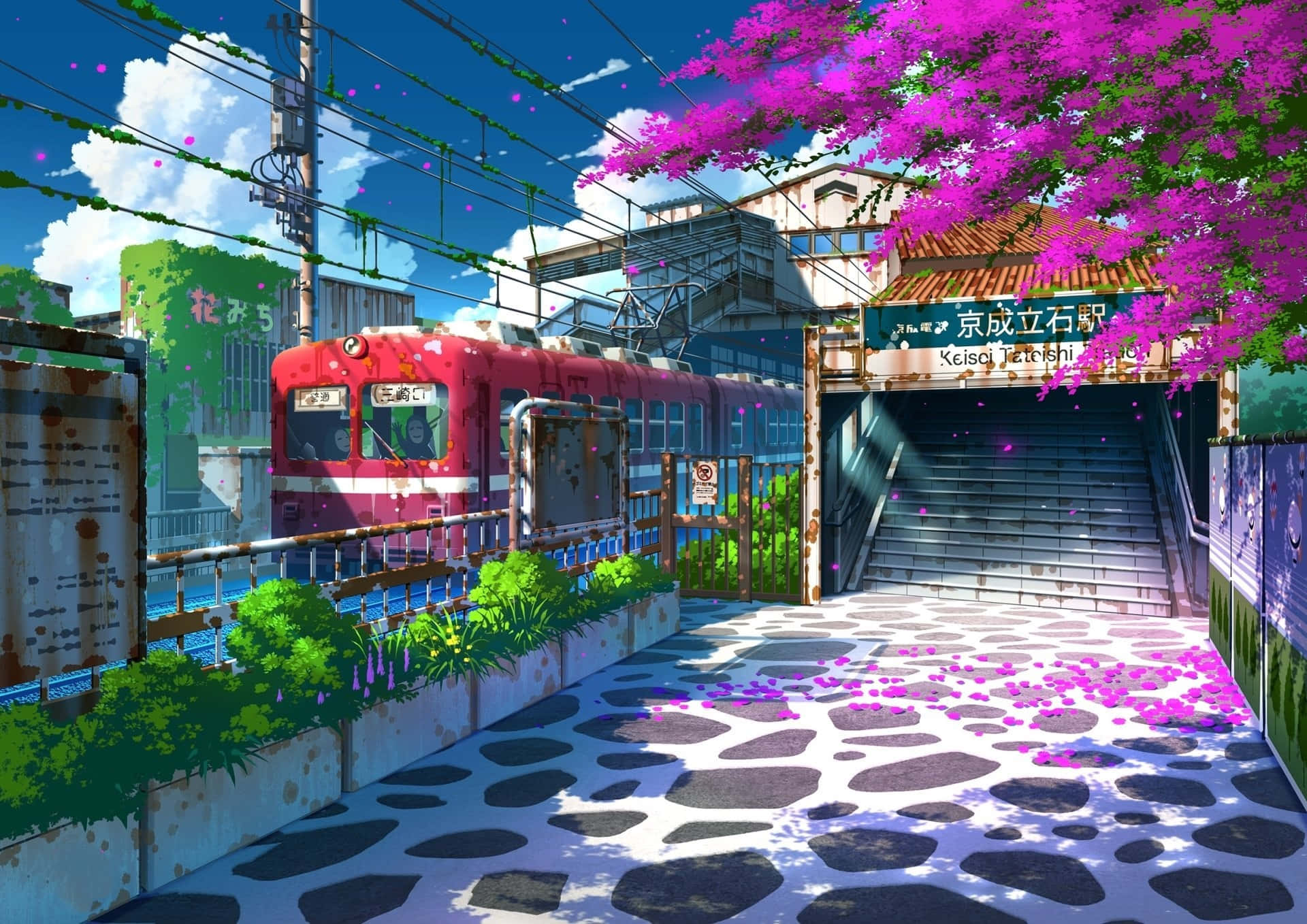 Download Blossoming Train Station Anime Artwork Wallpaper