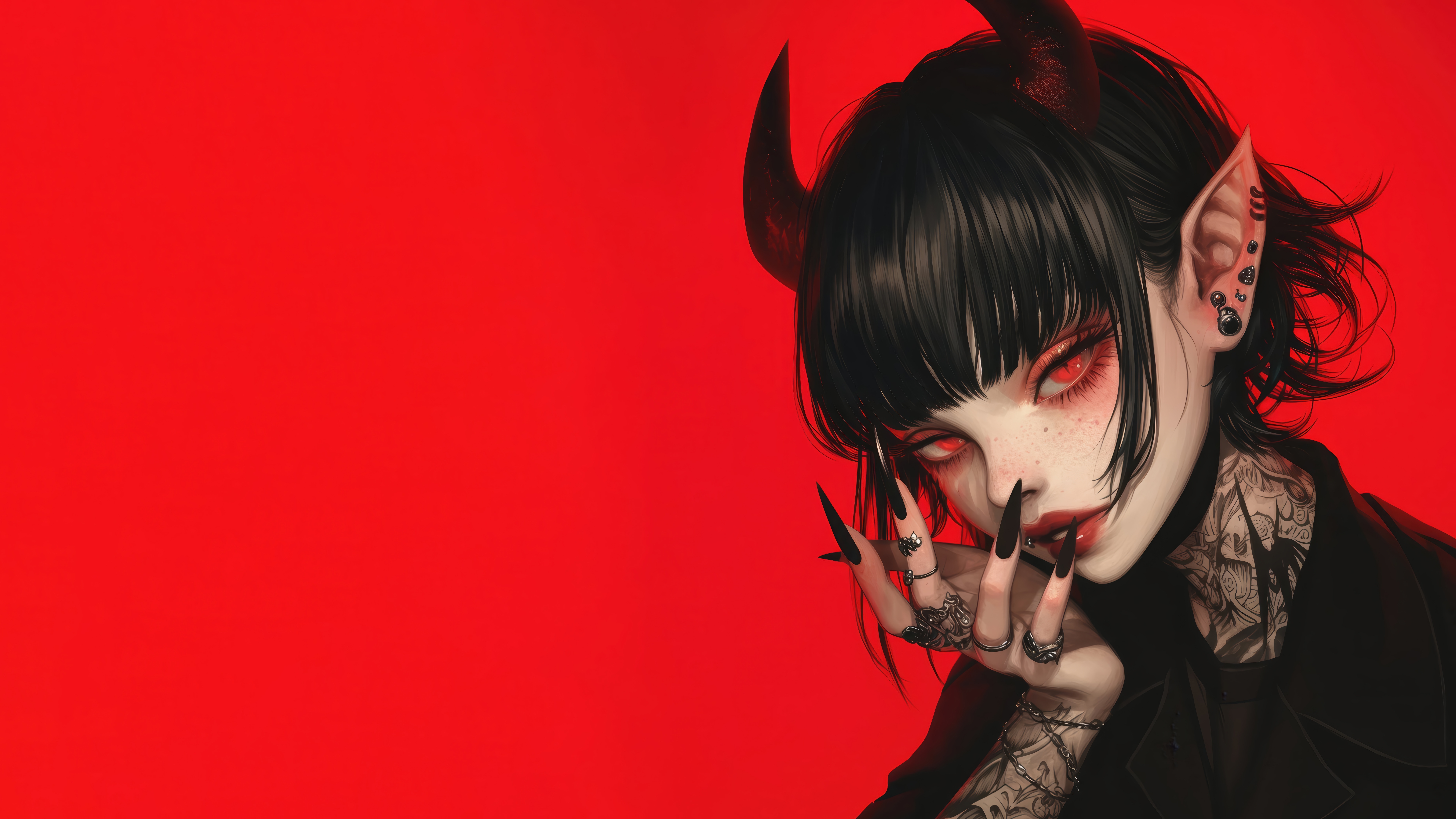 Wallpaper demon, girl, devil, anime, red eyes, tattoo, women, red background for mobile and desktop, section ии арт, resolution 7680x4320