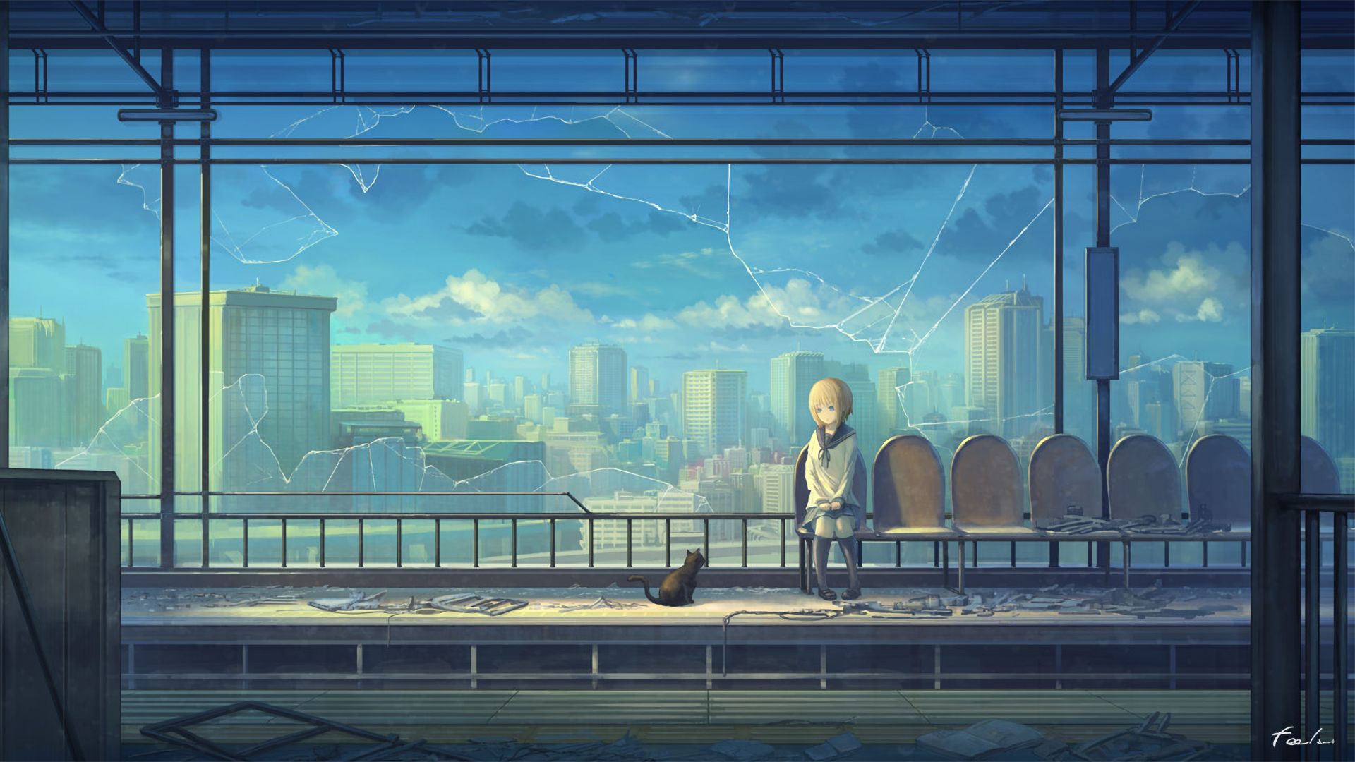 Phone wallpaper: Sky, Anime, Original, Broken Glass, Building, Cat, City, Cloud, Train Station 760399