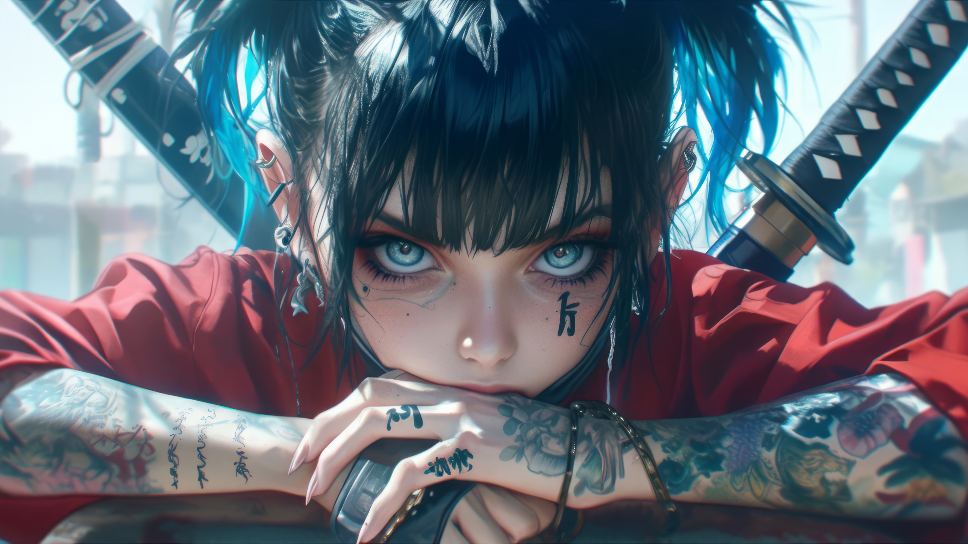 Wallpaper katana, tattoo, anime girl, Anime Girl with Tattoo for mobile and desktop, section ии арт, resolution 3840x2160