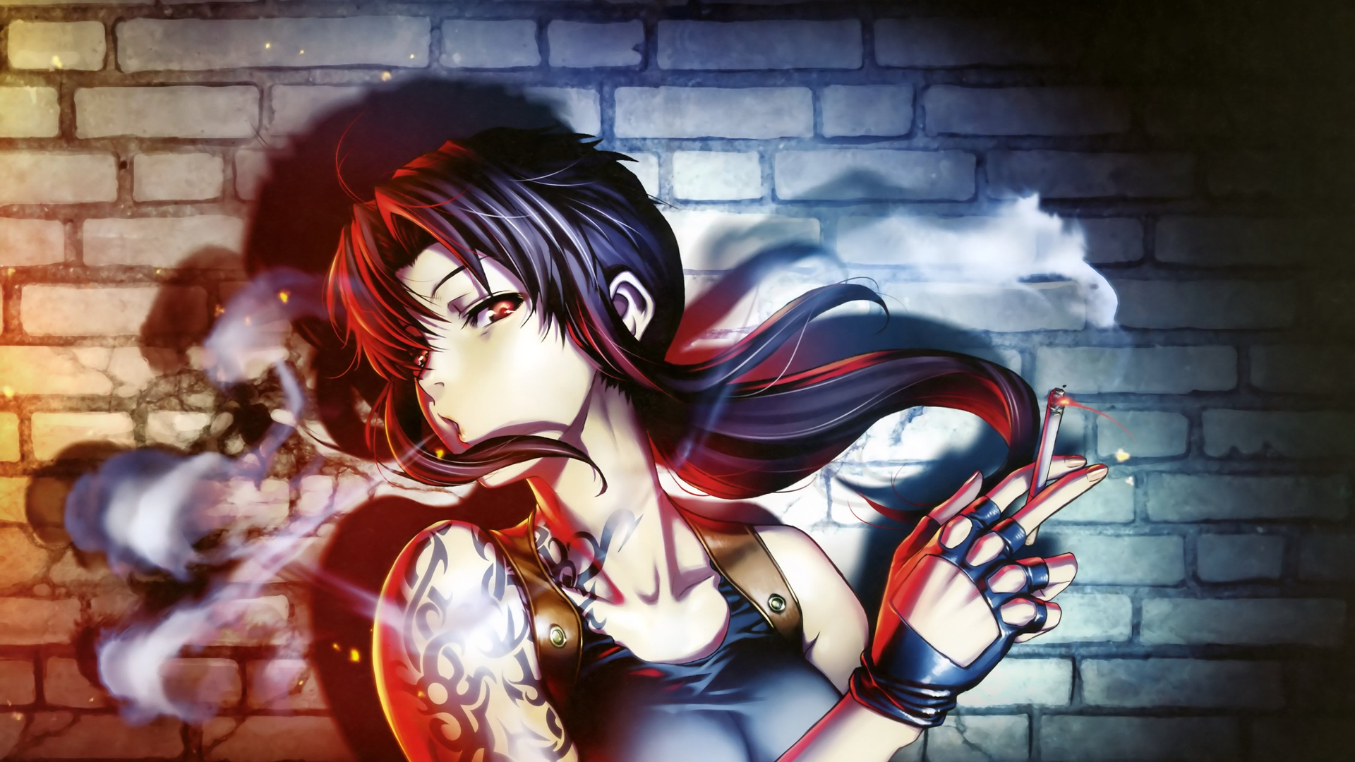 Download Anime girls, Anime, Young woman, Tattoo, Smoke Wallpaper in 1920x1080 Resolution