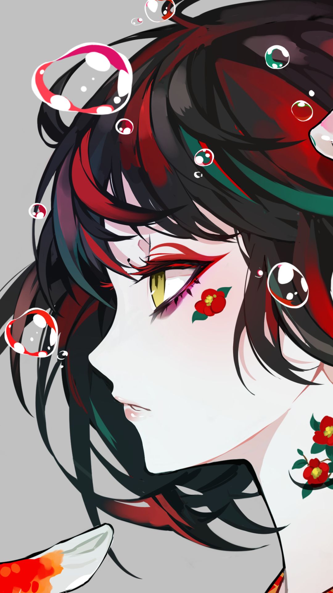 Phone wallpaper: Girl, Anime, Tattoo, Red Hair, Yellow Eyes, Bubble, Black Hair, Green Hair, Short Hair 1314932