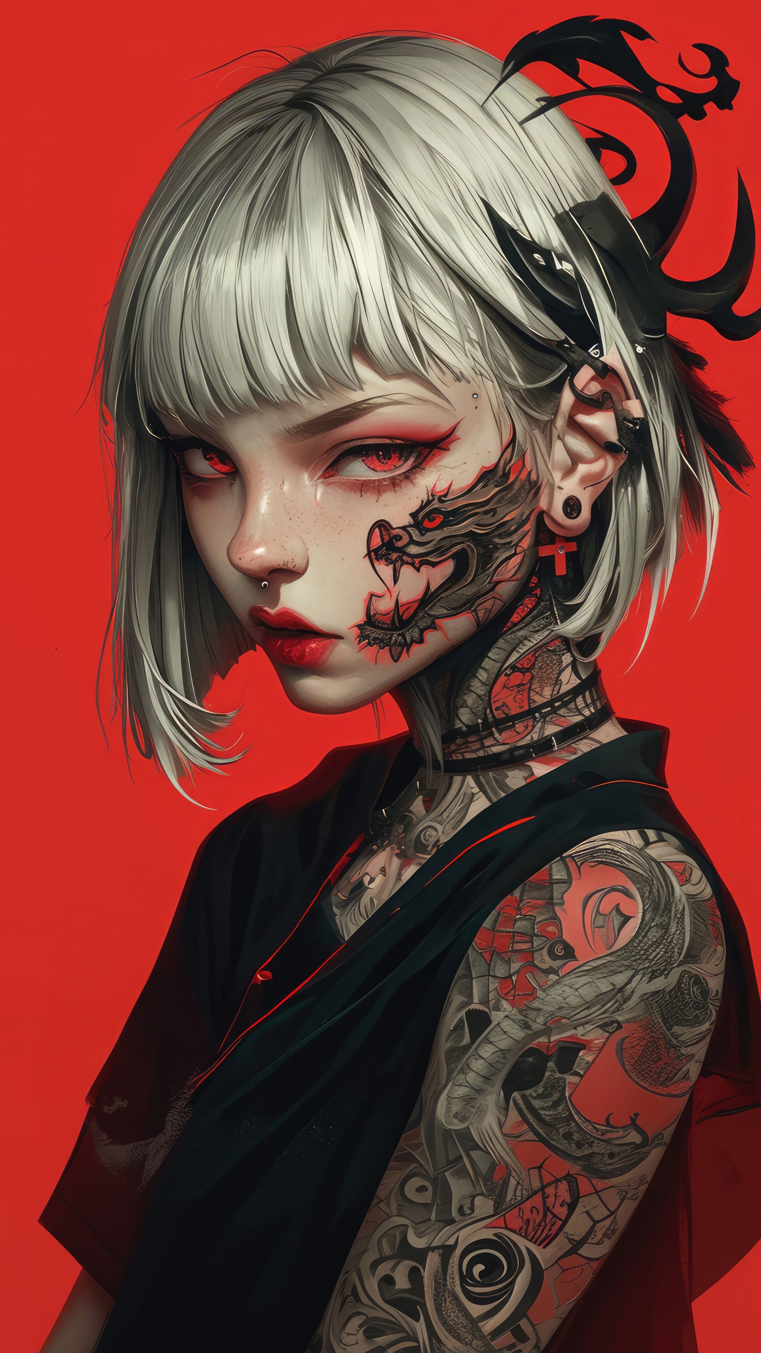 Tattooed Anime Girl with Red Eyes