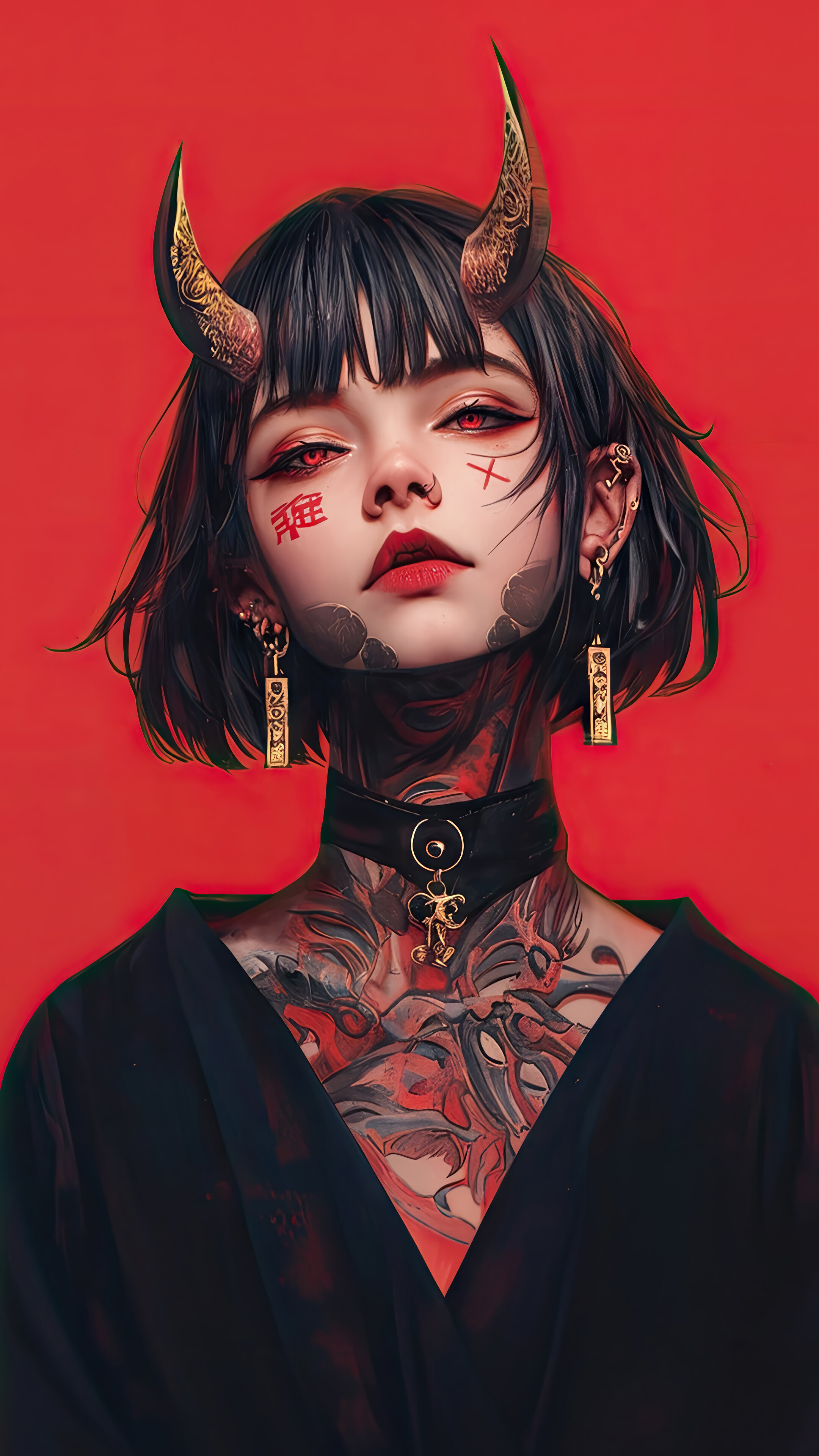 Anime Girl Tattoo Demon Horn 4K Wallpaper iPhone HD Phone a