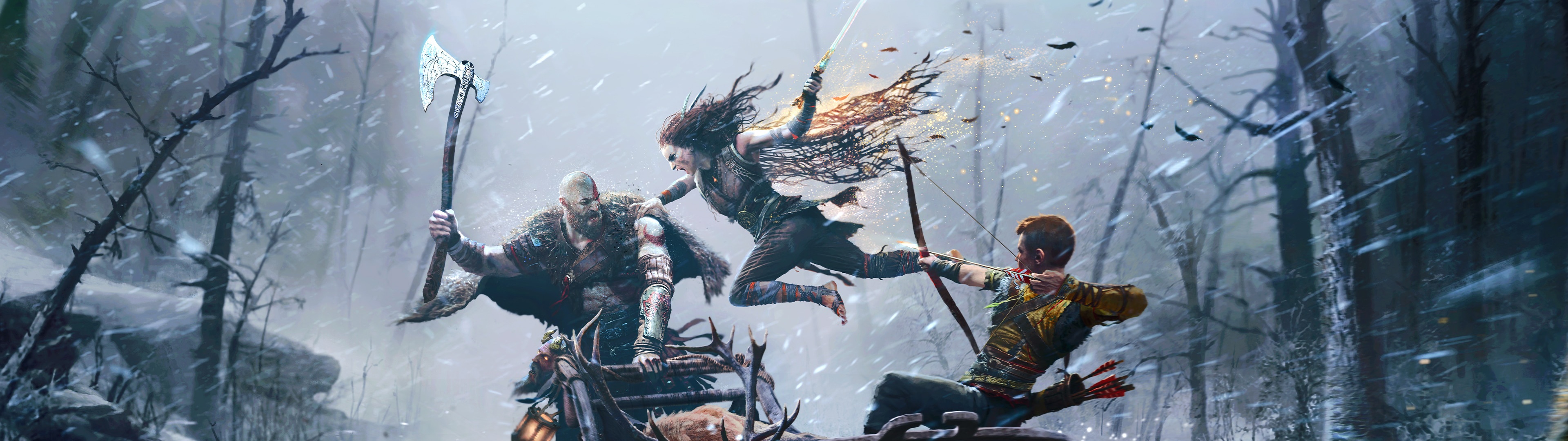 God of War Ragnarök Wallpaper 4K, Key Art, Kratos, Freya, Atreus
