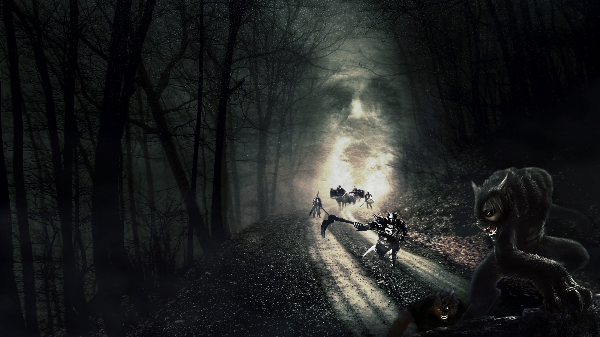 Road deaths in the dark forest Desktop wallpaper 1920x1080