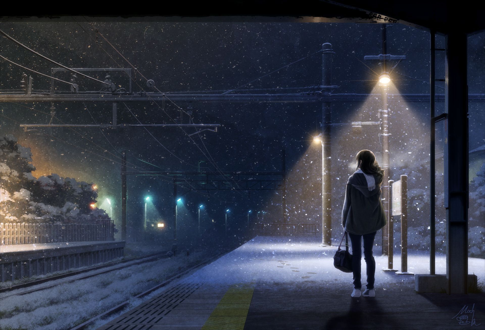 Phone wallpaper: Train Station, Winter, Anime, Scarf, Snow 805774