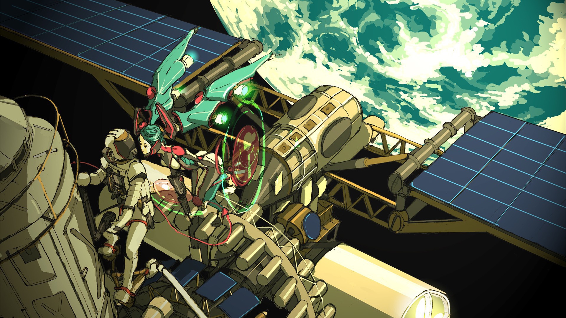 Anime characters on the space station above the Earth Desktop wallpaper 1920x1080
