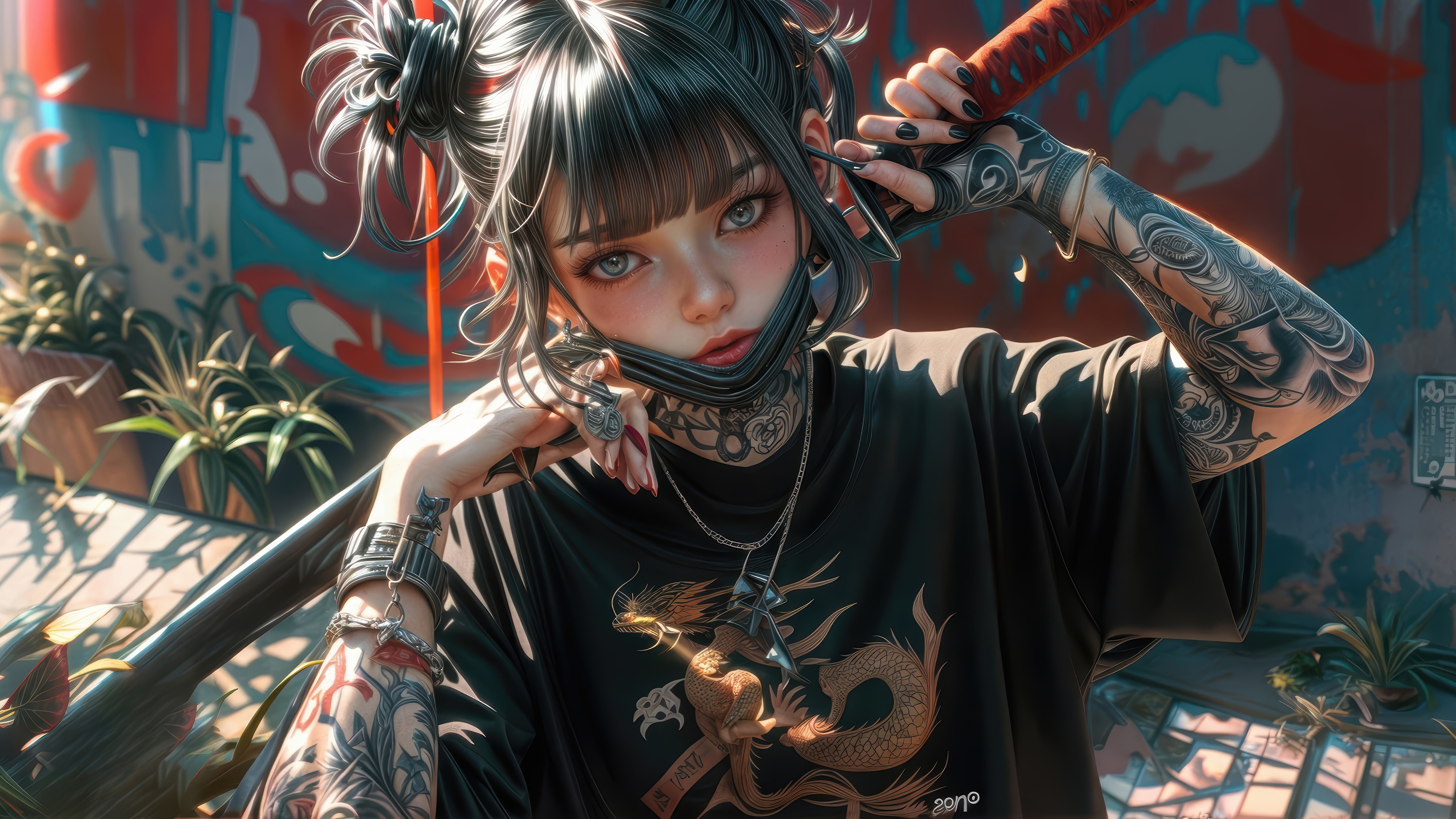 Wallpaper girl, katana, tattoo, dragon, anime girl, AI Art, Bracers for mobile and desktop, section ии арт, resolution 3840x2160