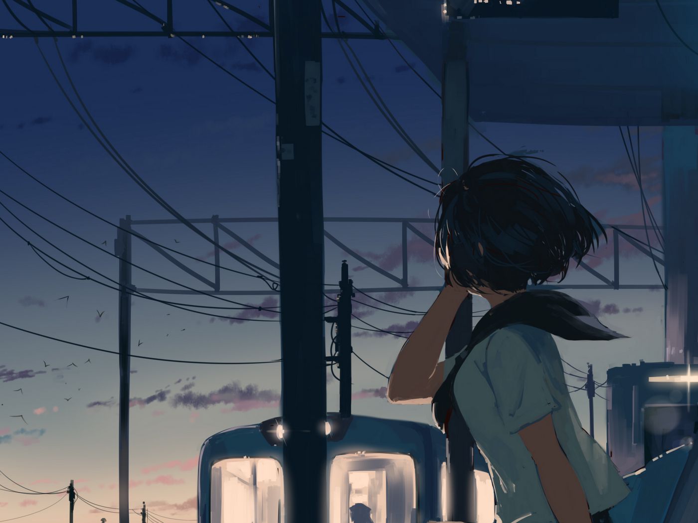 Download wallpaper 1400x1050 girl, station, twilight, free, anime, art standard 4:3 HD background