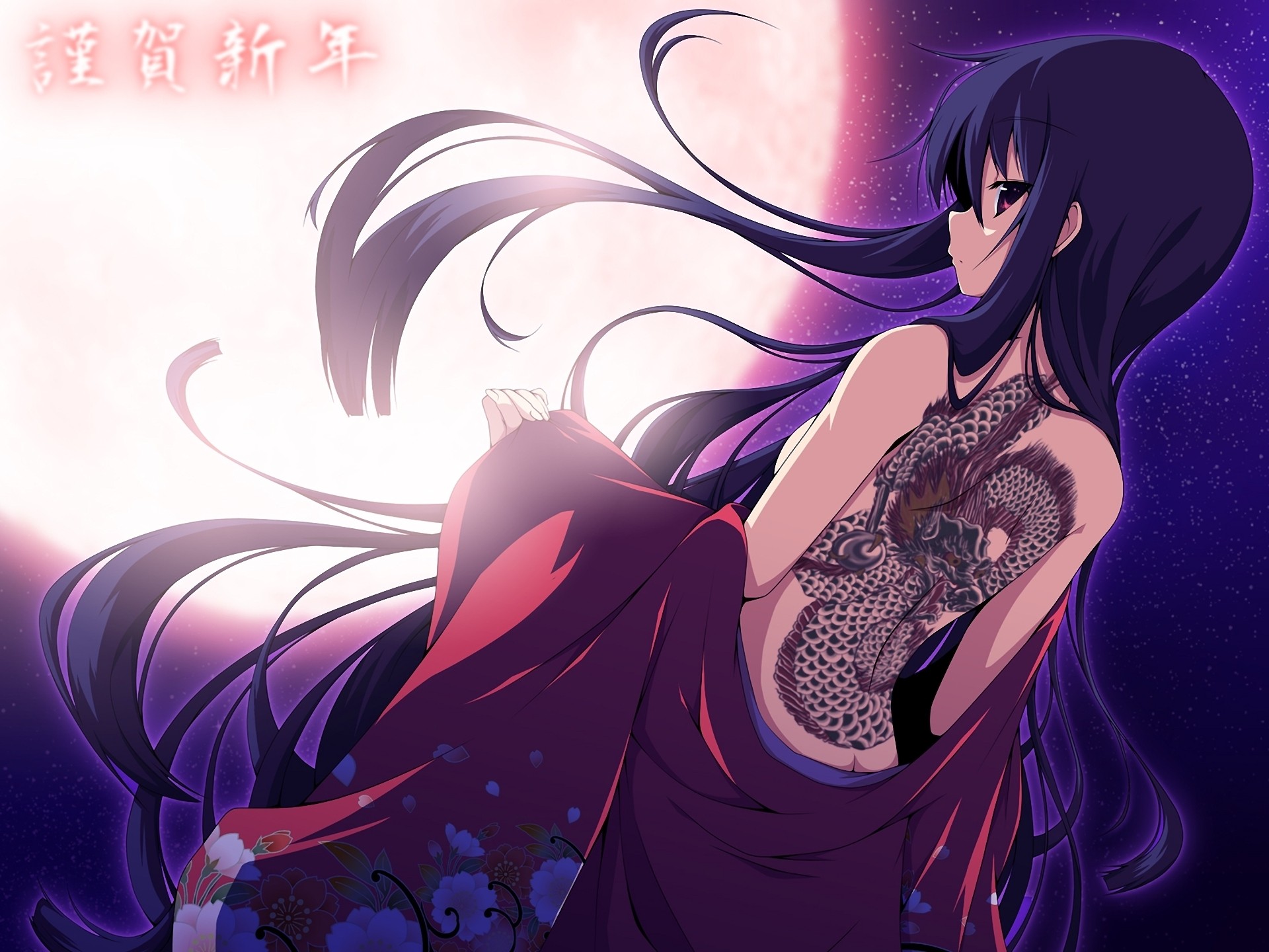 tattoos, Women, Stars, Dragon, Tattoo, Moon, Long, Hair, Kimono, Purple, Hair, Purple, Eyes, Anime, Girls Wallpaper HD / Desktop and Mobile Background