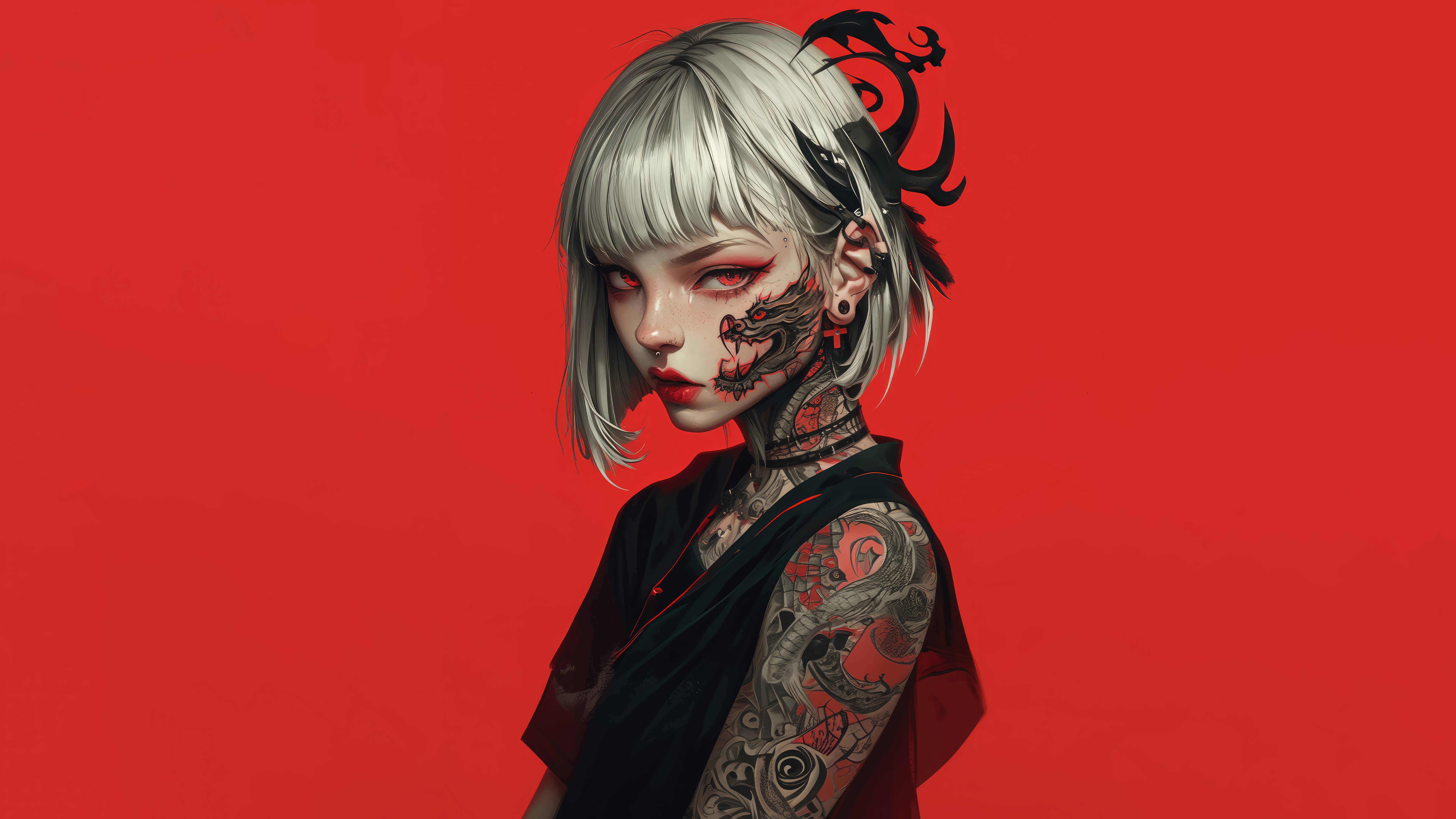 Tattooed Anime Girl with Red Eyes