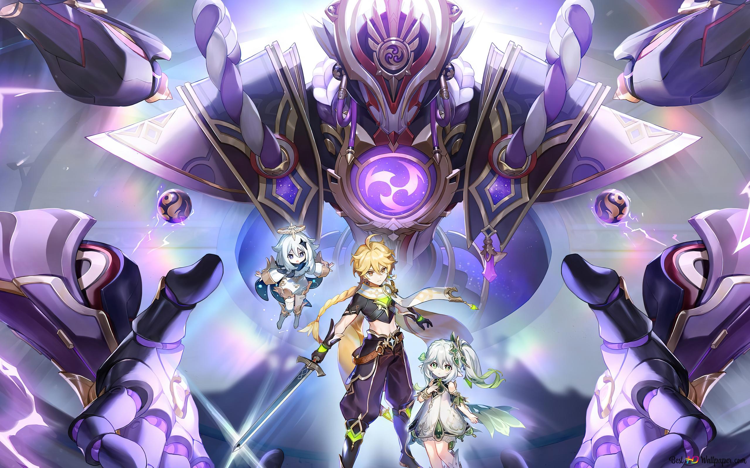 Protagonist 'Aether' with Nahida & Paimon Impact Anime Video 4K wallpaper download