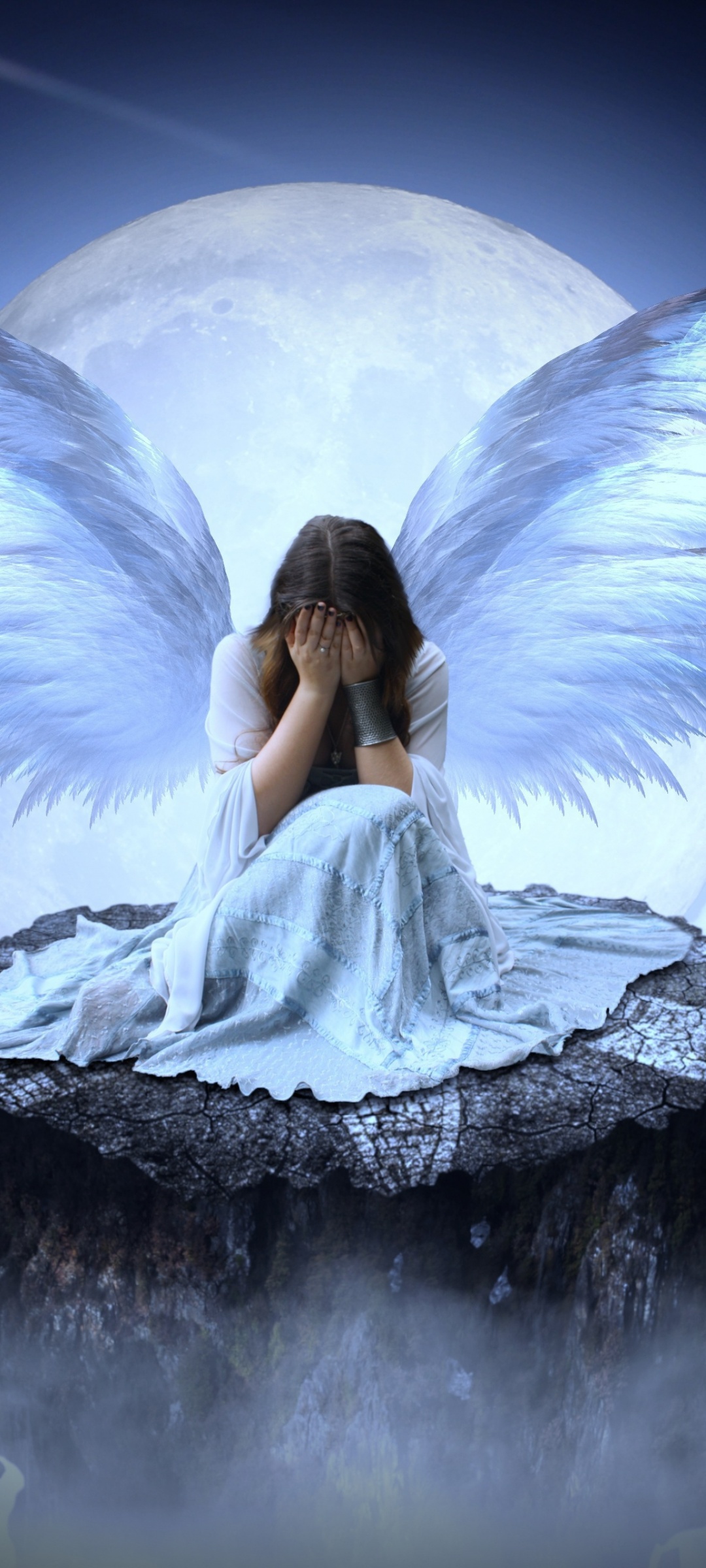 Sad girl Wallpaper 4K, Fairy, Angel wings, Eyes closed