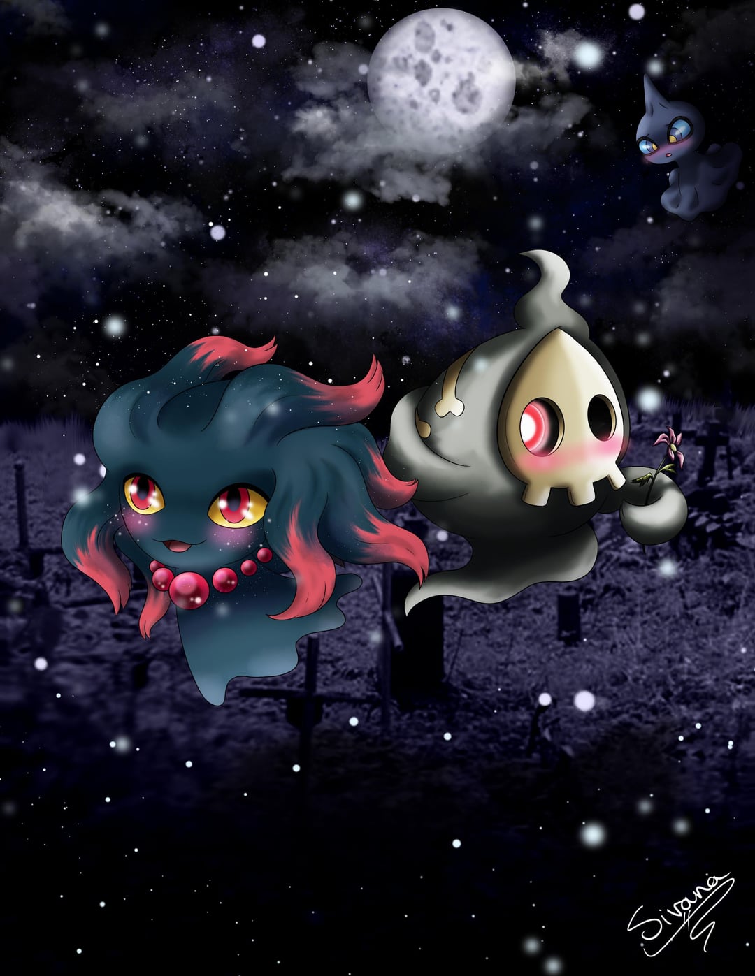 Pokemon couple I drew! Duskull and Misdreavus, with a jealous little shuppet in the back
