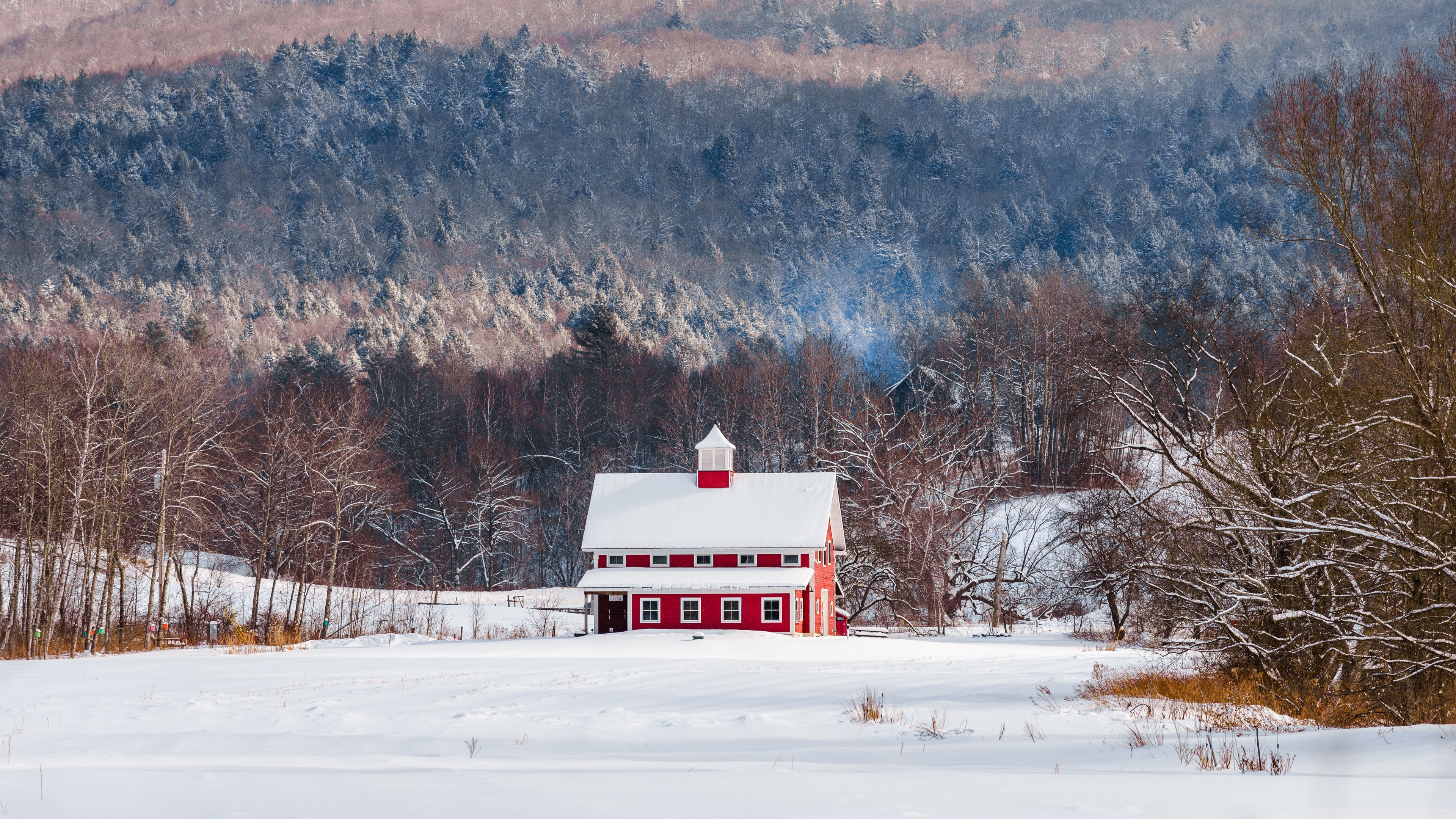 Red House, Snow, Winter, Woodland 4K UHD Wallpaper for UltraHD Desktop and TV, Widescreen and UltraWide Display, Smartphone and Tablet Devices