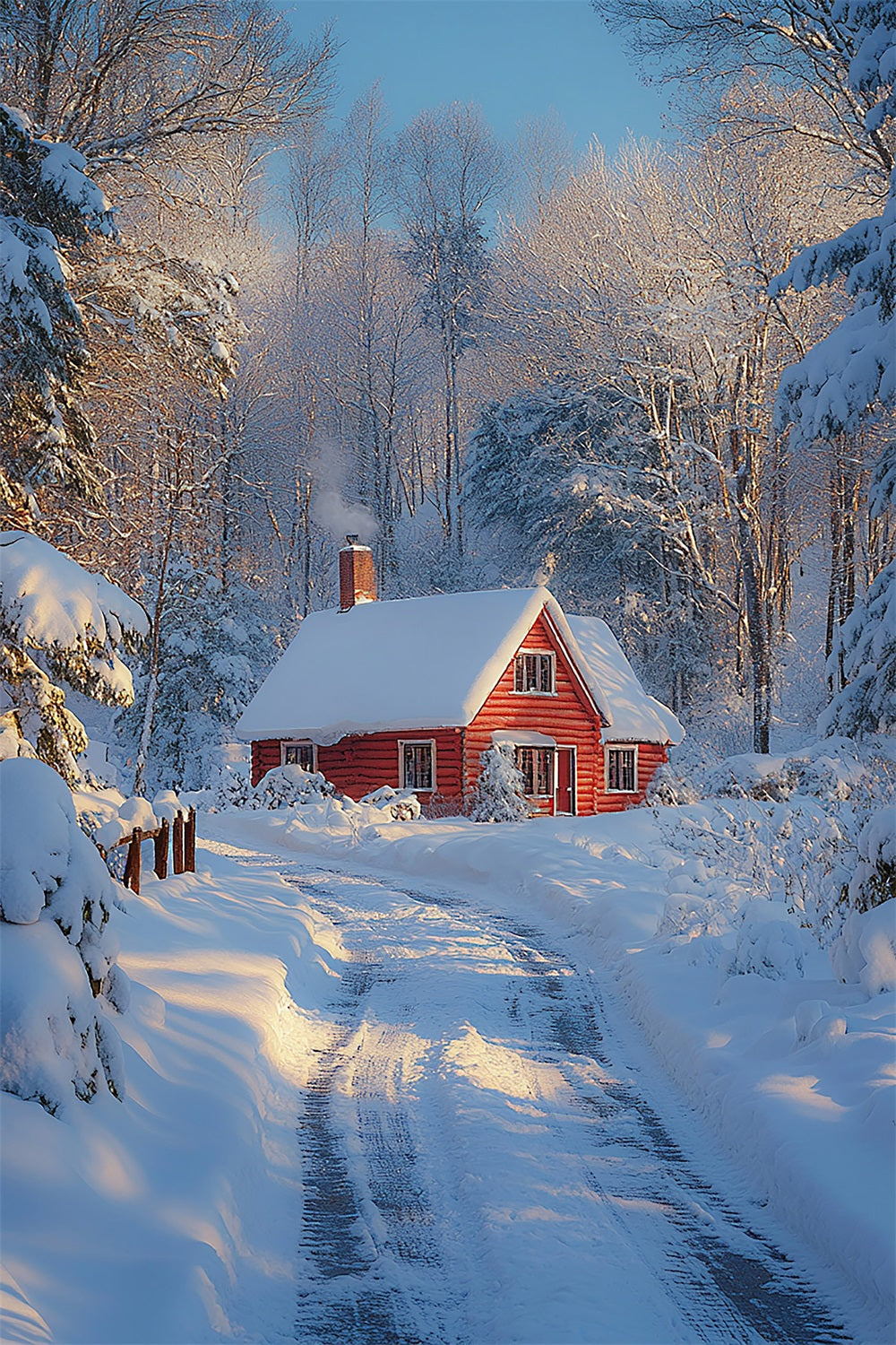 Cozy Red Cabin Snowy Winter Wonderland Backdrop BRP9 377