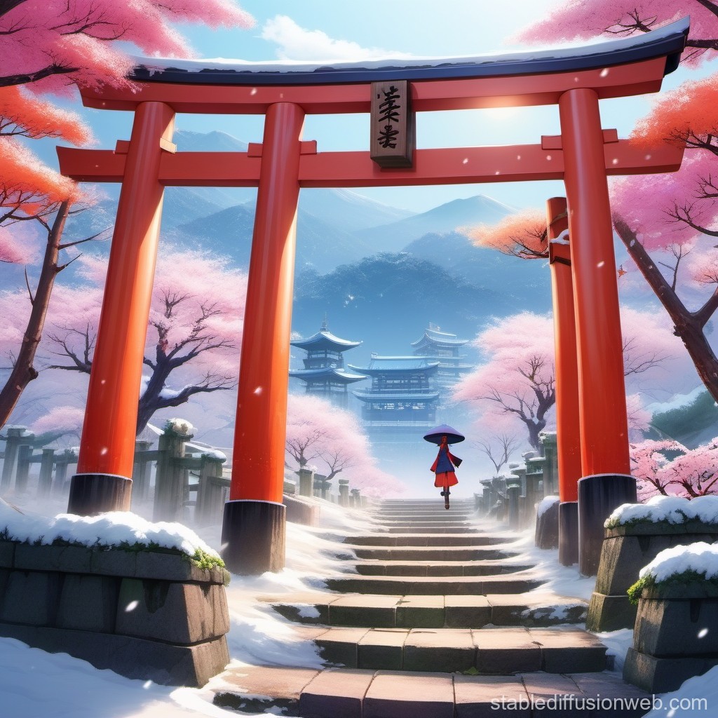 Winter Scene with Dead Trees and Torii Gate. Stable Diffusion Online