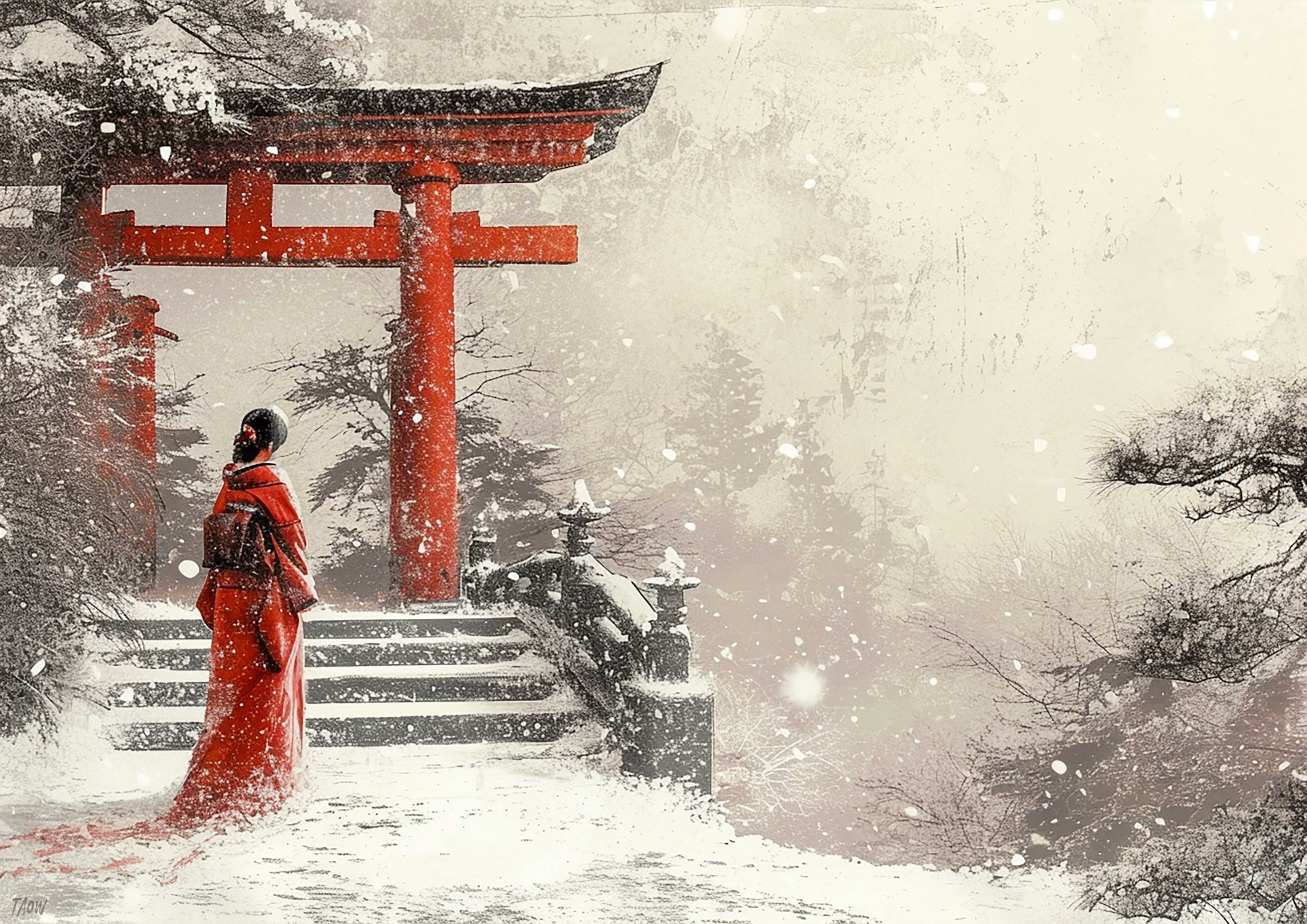 Duncan Crombie على X: A Graceful Miko Shrine Maiden Standing On Snow Covered Steps Before A Selective Colour Red Torii Gate #midjourney
