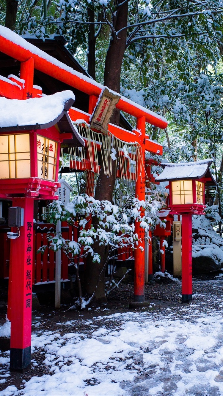 Shrine, Torii Gate, Kyoto, Japan, Winter, Snow, Trees 750x1334 IPhone 8 7 6 6S Wallpaper, Background, Picture, Image