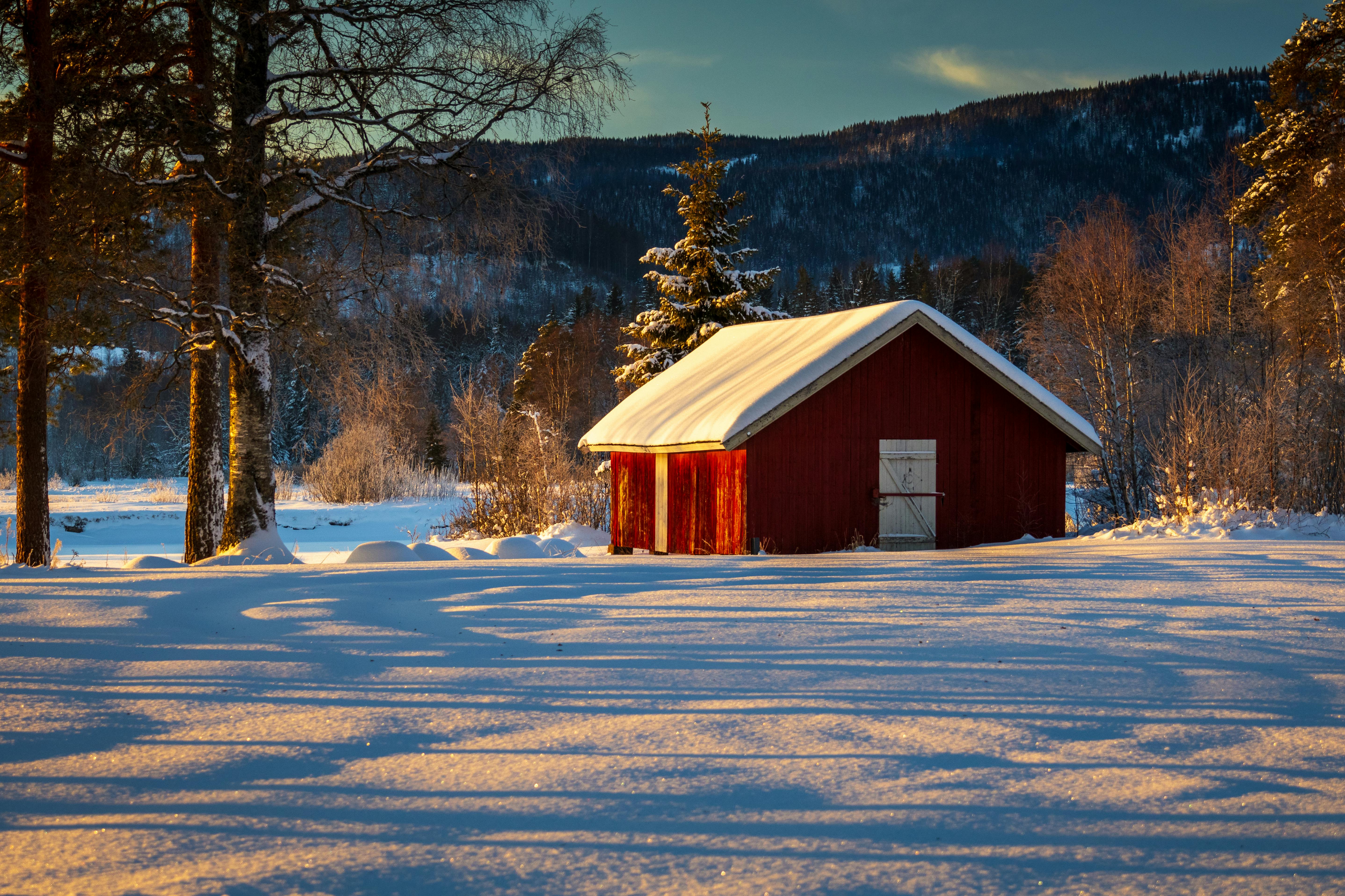 Scenic Winter Landscape with Red House at Dusk · Free