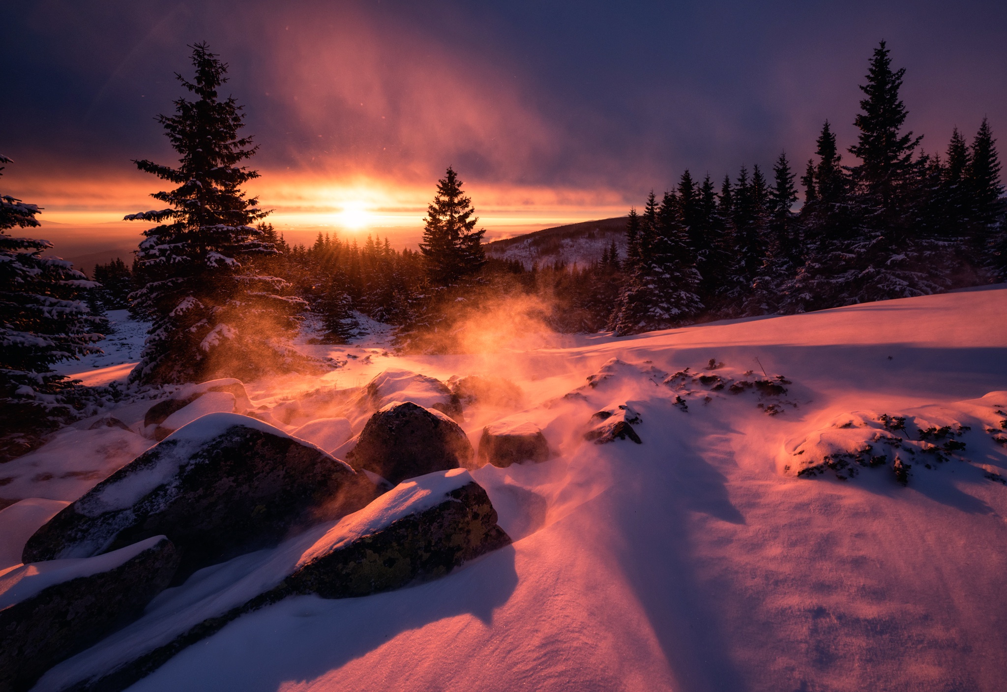Winter's Embrace: Stunning Snowy Sunset Nature Wallpaper in HD