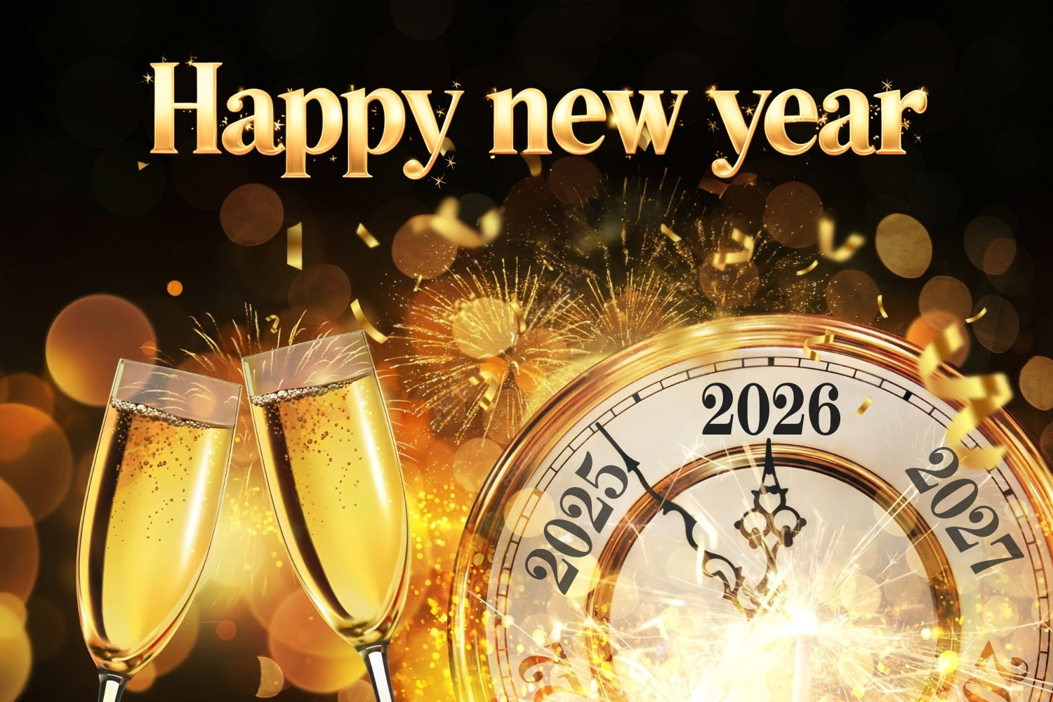 2026 Happy New Year Backdrop Golden Clock Midnight Toast New Year's Backdrops MRR10 11