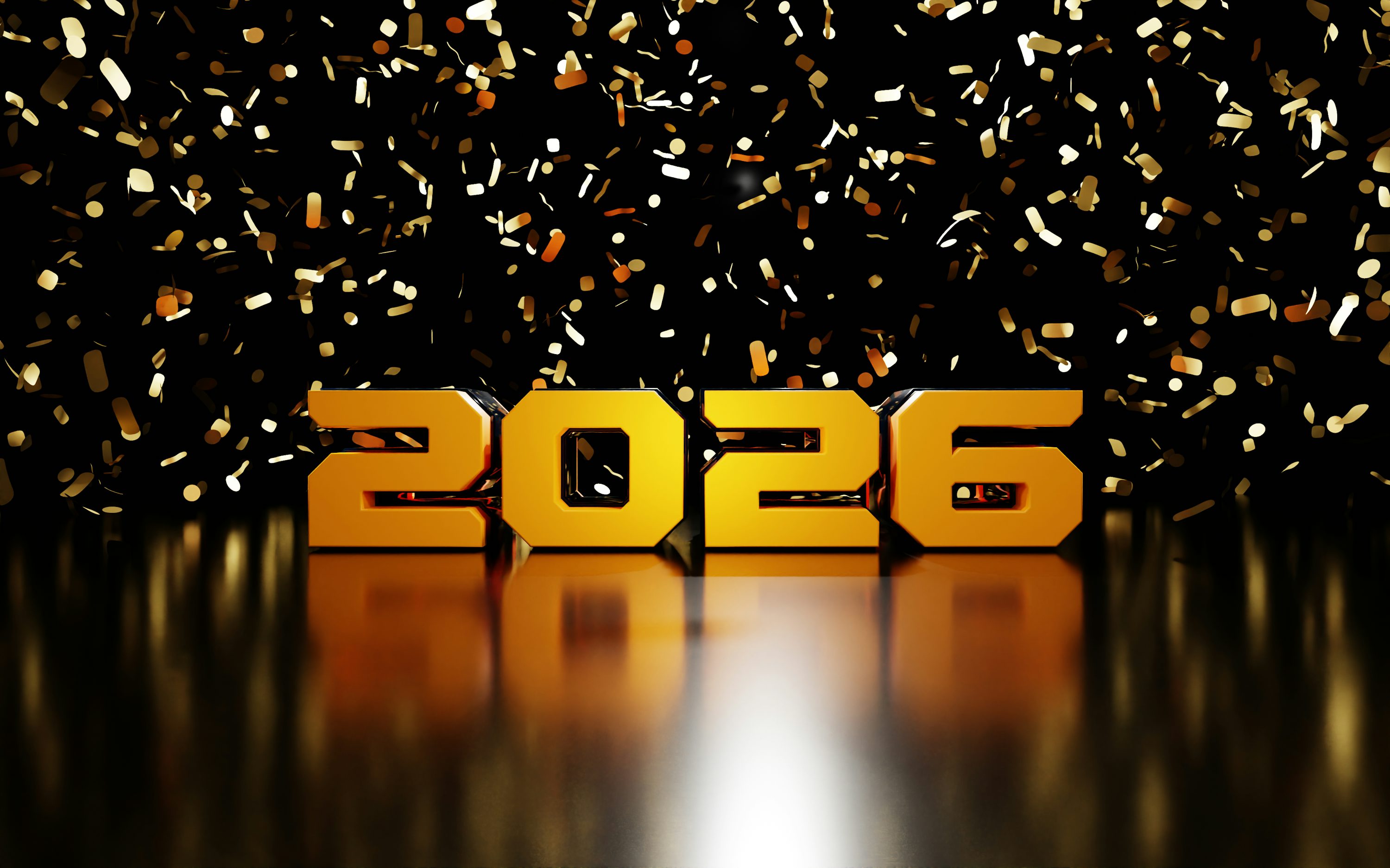 Golden 2026 text with falling confetti