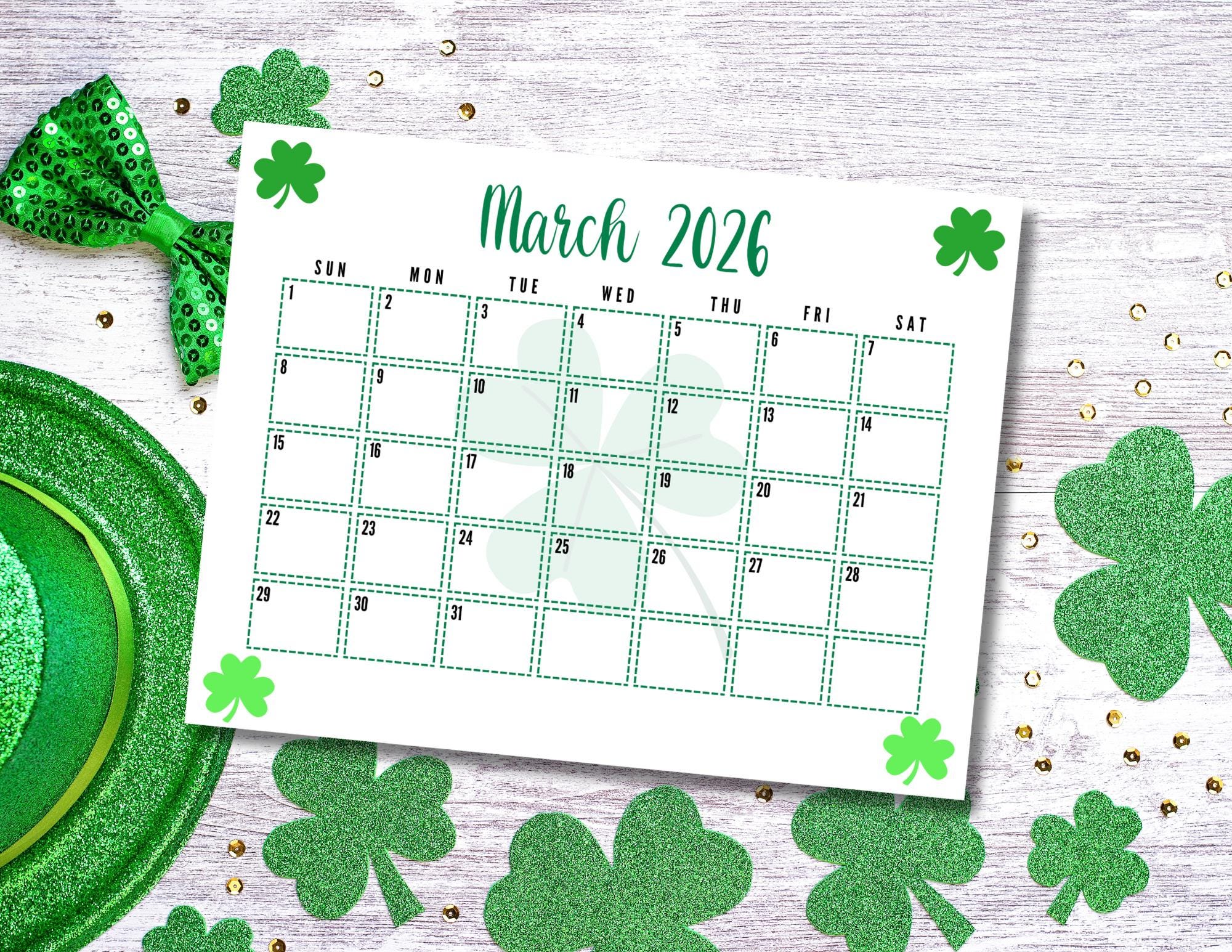 EDITABLE Printable March 2026 Calendar. Cute St. Patrick's Day Calendar W/ Shamrocks. Monthly March 2026 Calendar