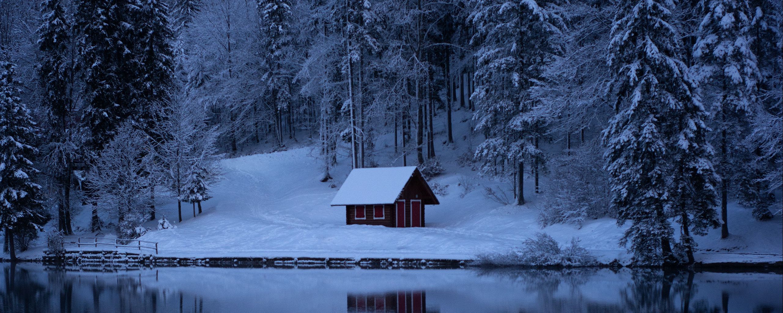 Download wallpaper 2560x1024 lake, forest, snow, winter, trees ultrawide monitor HD background