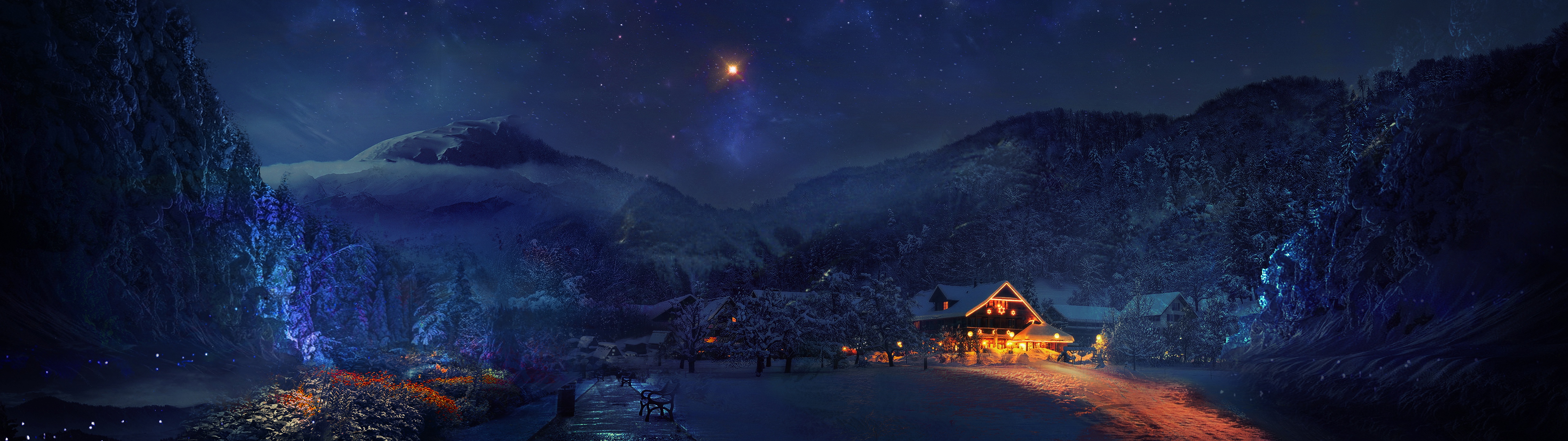 Wallpaper winter, forest, snow, trees, mountains, lights, home, vacation for mobile and desktop, section пейзажи, resolution 5120x1440