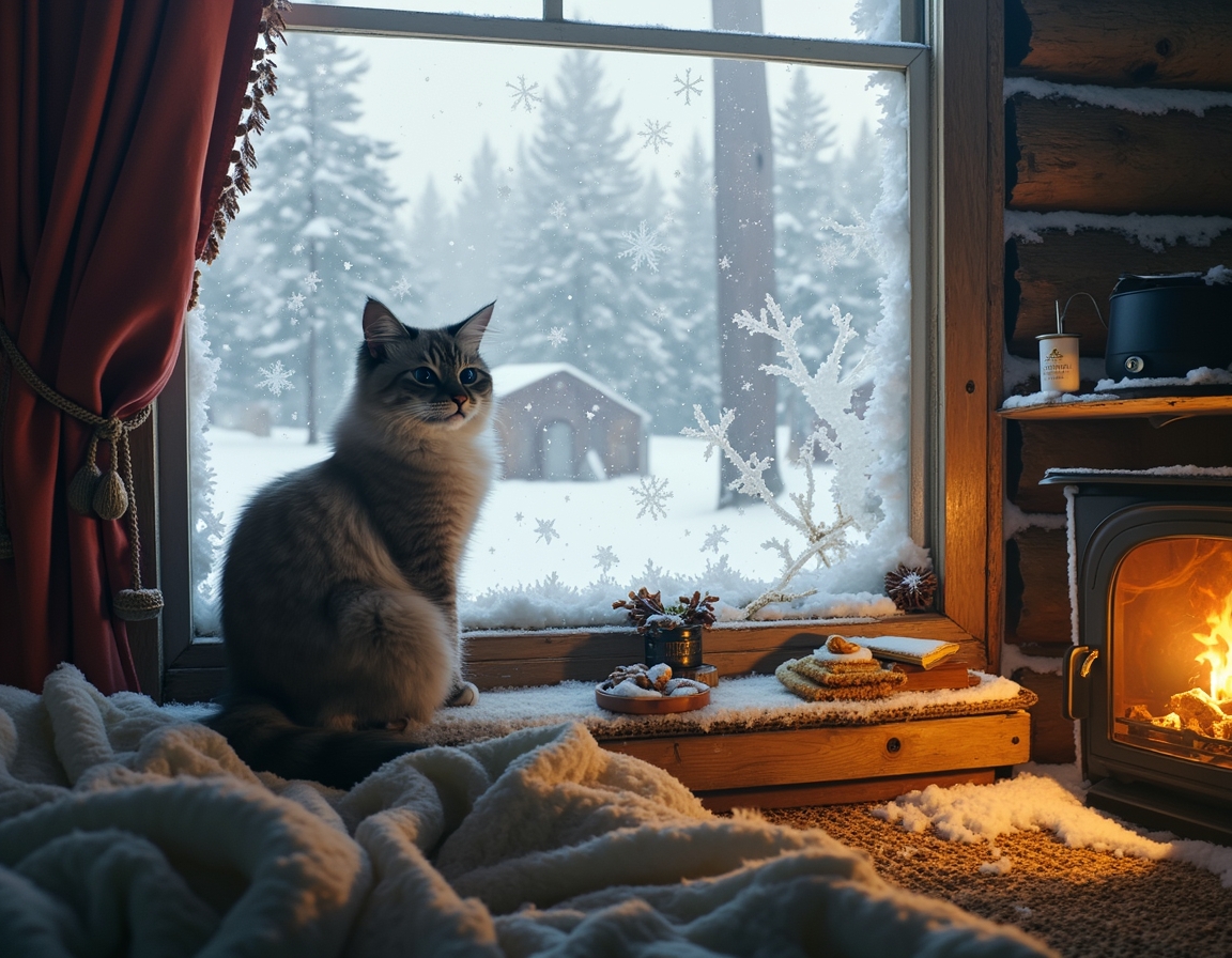 Cat looks out a frosted window at the snowy world outsid