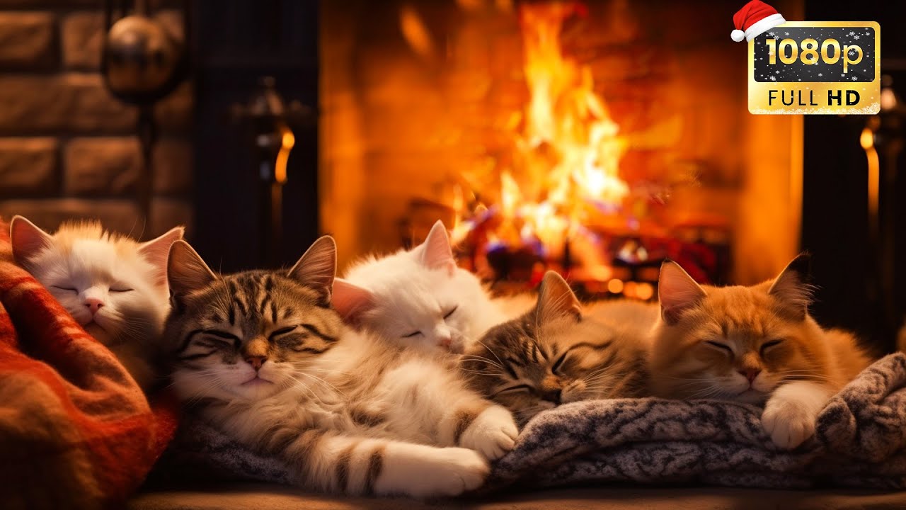 Relaxing To Purring Cats And Cozy Fireplace for Peaceful Night