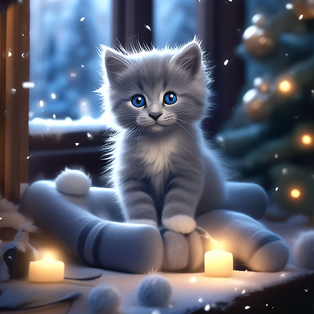 Kitten in socks sitting by the fireplace, new year, christmas tree, new year's gifts, new year's atmosphere, beauty