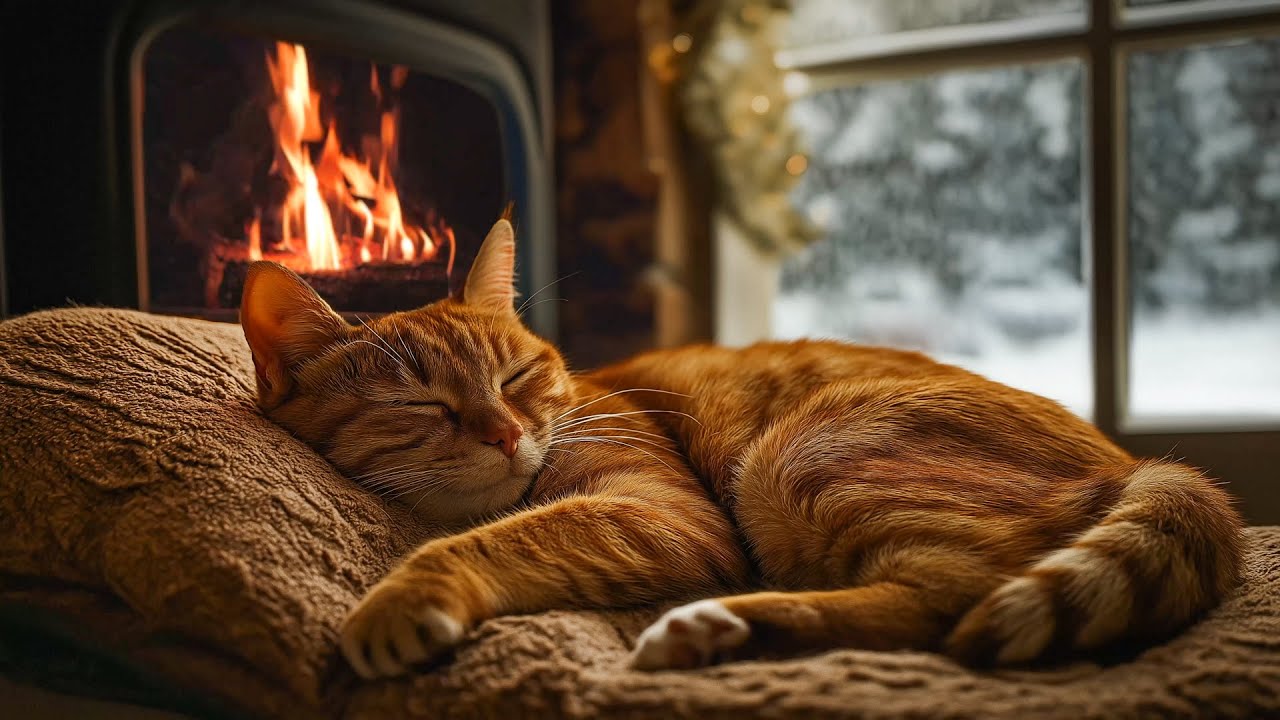 Snow Falling Outside Window Room with Cat Purring and Fireplace Sounds Sleep, Relaxing