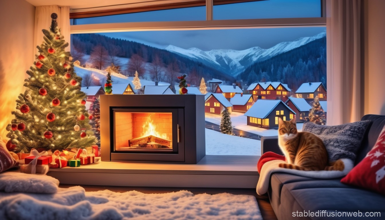 snowy christmas village outside the window with a warm fireplace inside and sleeping cat on the sofa Prompts. Stable Diffusion Online