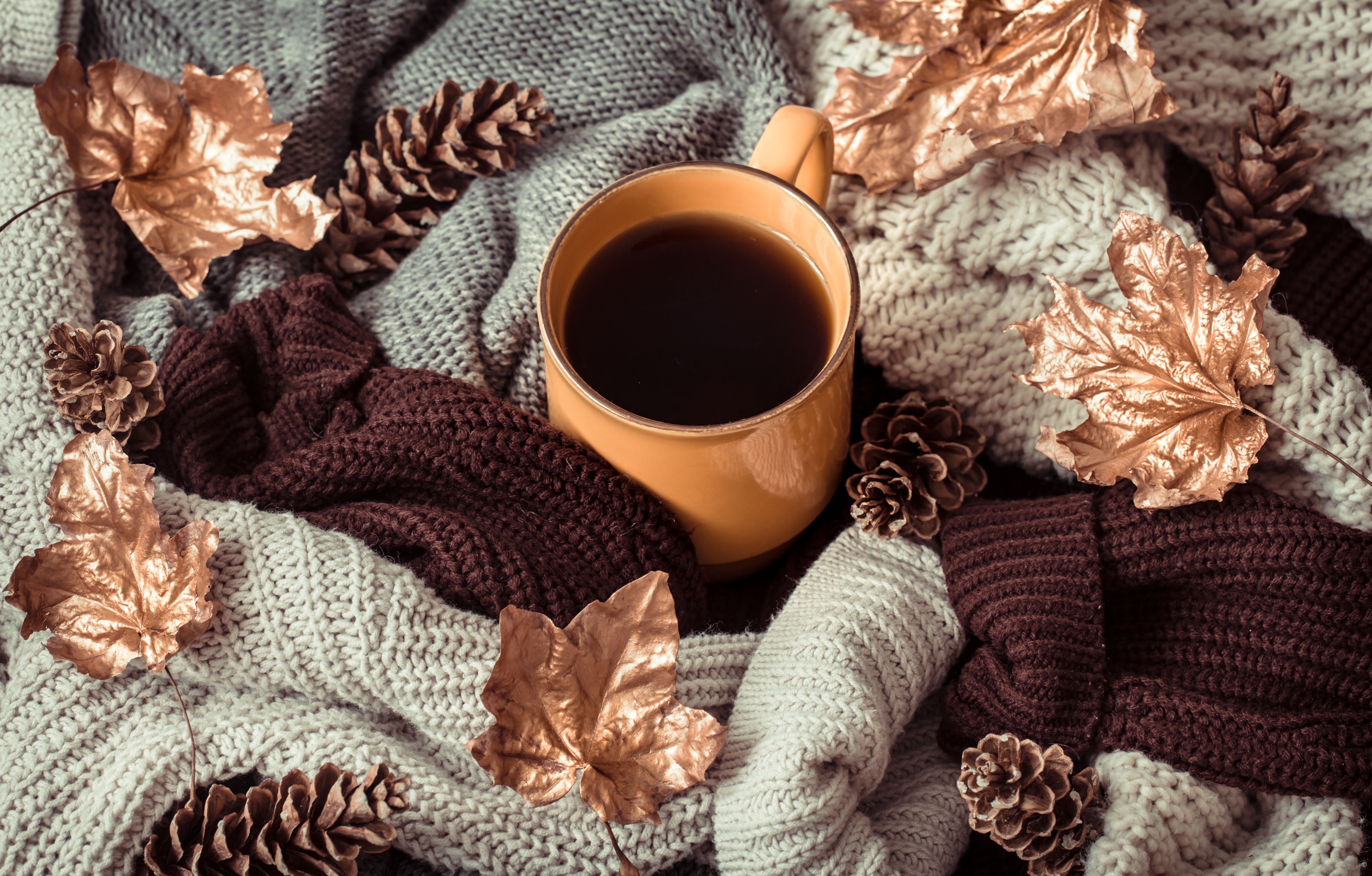 Wallpaper autumn, leaves, wool, autumn, leaves, sweater, coffee cup, a Cup of coffee for mobile and desktop, section настроения, resolution 5253x3353