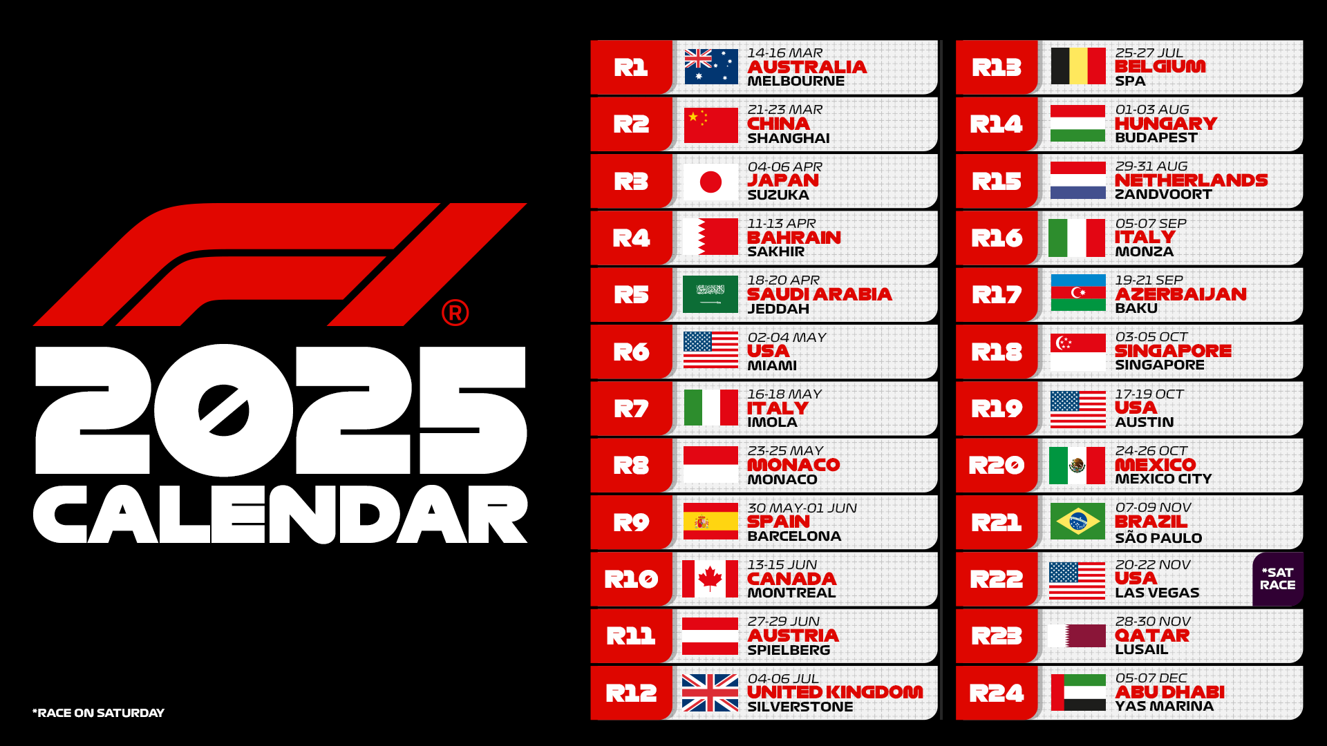 FIA and Formula 1 announce 2025 calendar. Formula One World Championship Limited