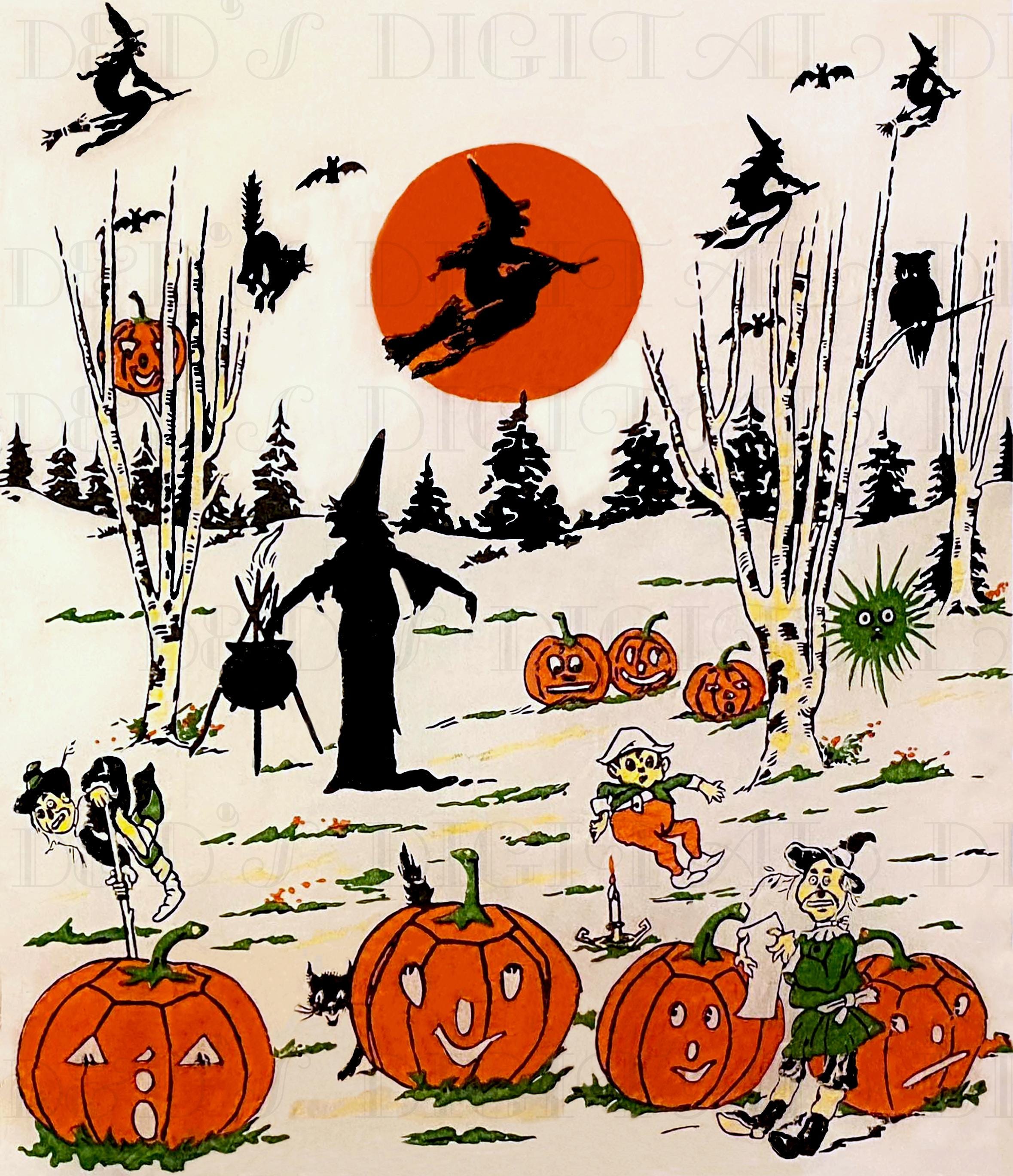 Vintage Halloween Crepe Paper Illustration: Scarecrow & Oddball Green Creature (digital Download)