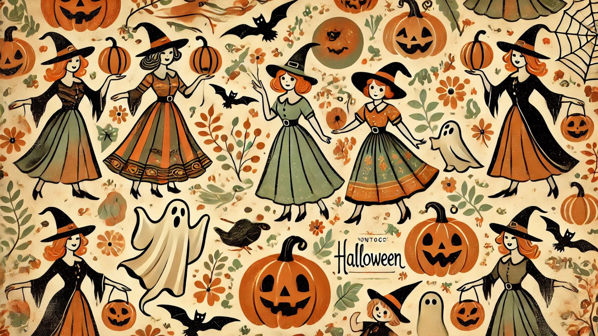 Vintage Halloween Wallpaper With A Retro Feel. It Features Old Fashioned Witches, Friendly Ghosts, And Classic Pumpkins In A Palette Of Muted Orange HD Halloween Wallpaper